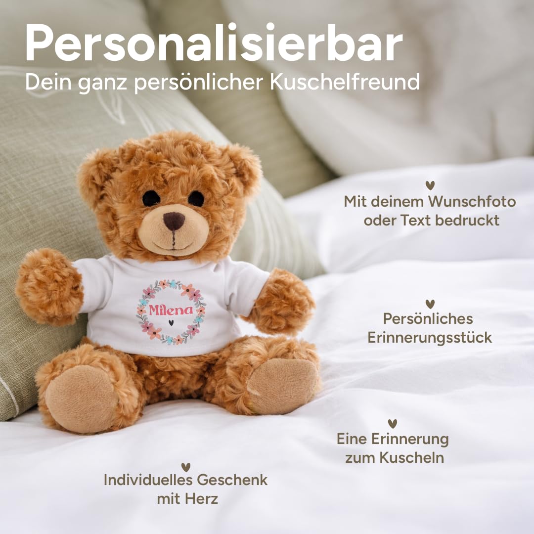 Kuscheltier Teddybär personalisiert – Flauschiges Plüschtier mit weißem T-Shirt zum Bedrucken – Weicher Teddybär