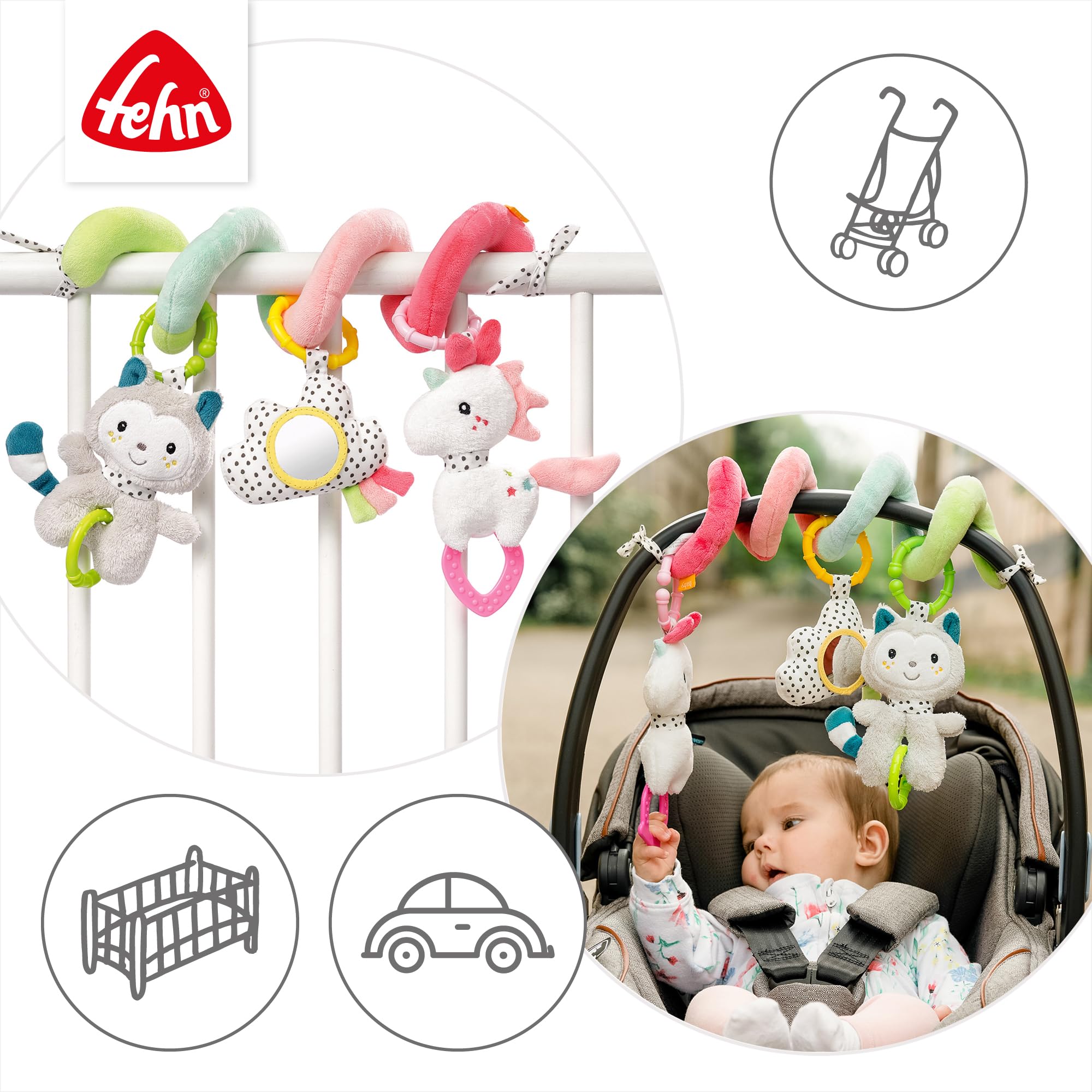 Fehn Activity Spirale Aiko & Yuki - Kinderwagen Spielzeug zum FĂĽhlen und Greifen - Babyspielzeug fĂĽr Bett
