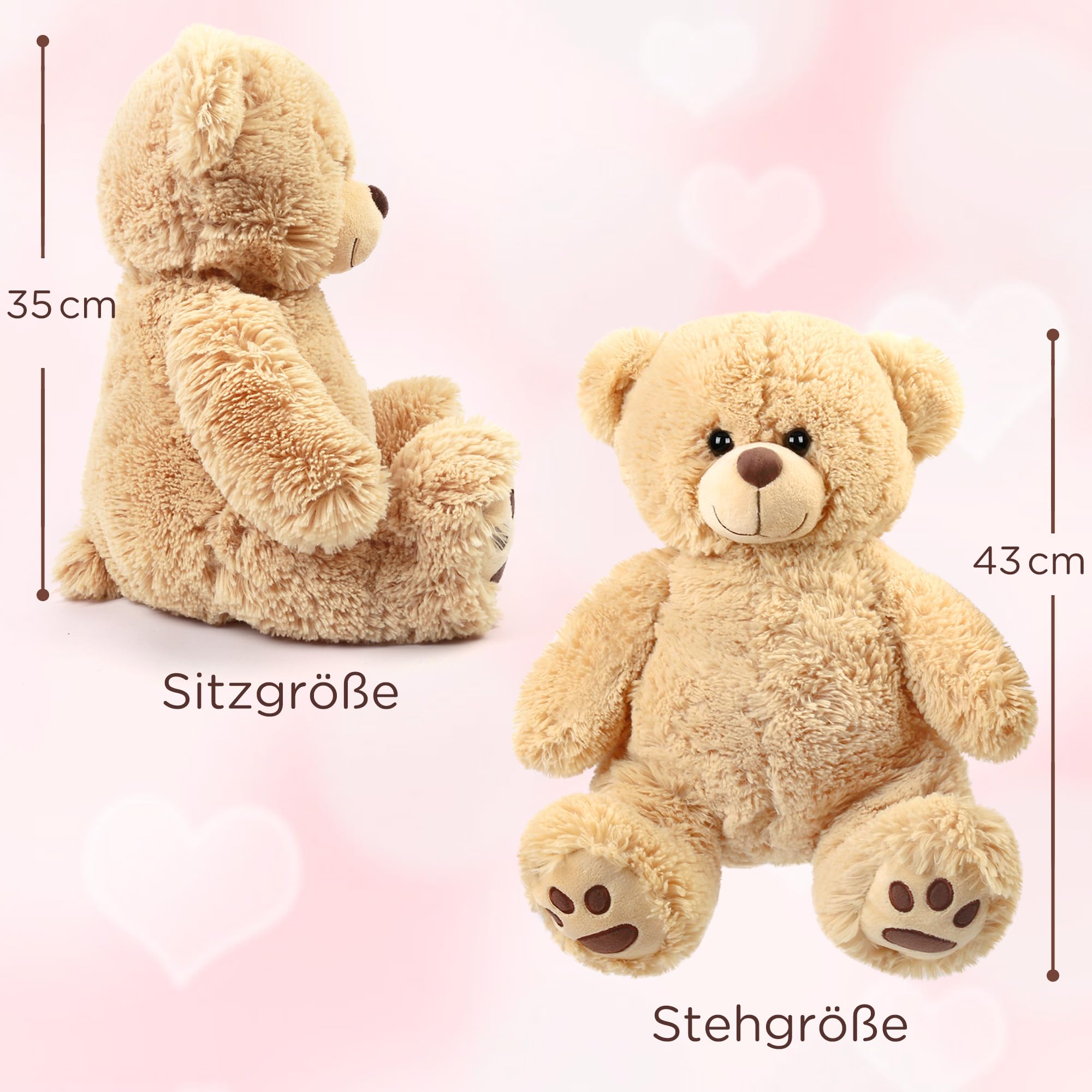 LotFancy Teddybär Plüschtier Kuscheltiere 43 cm, großer Braunbär, Süße Stofftier Spielzeug mit Fußabdrücken