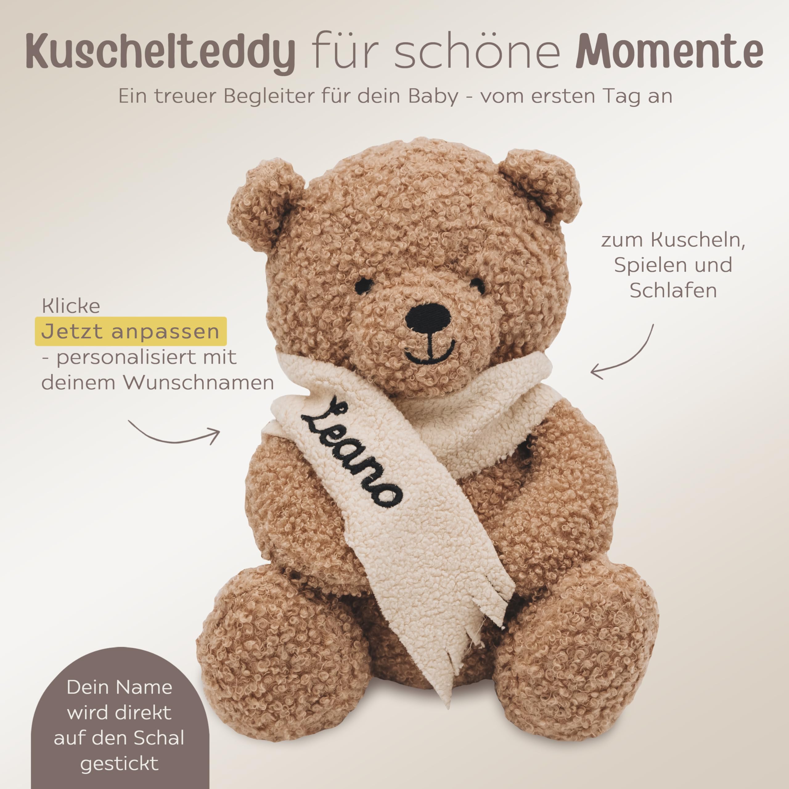 wunderwunsch Jollein Kuscheltier Boucle Teddybär personalisiert, Teddy auf Wunsch mit Schal und Namen