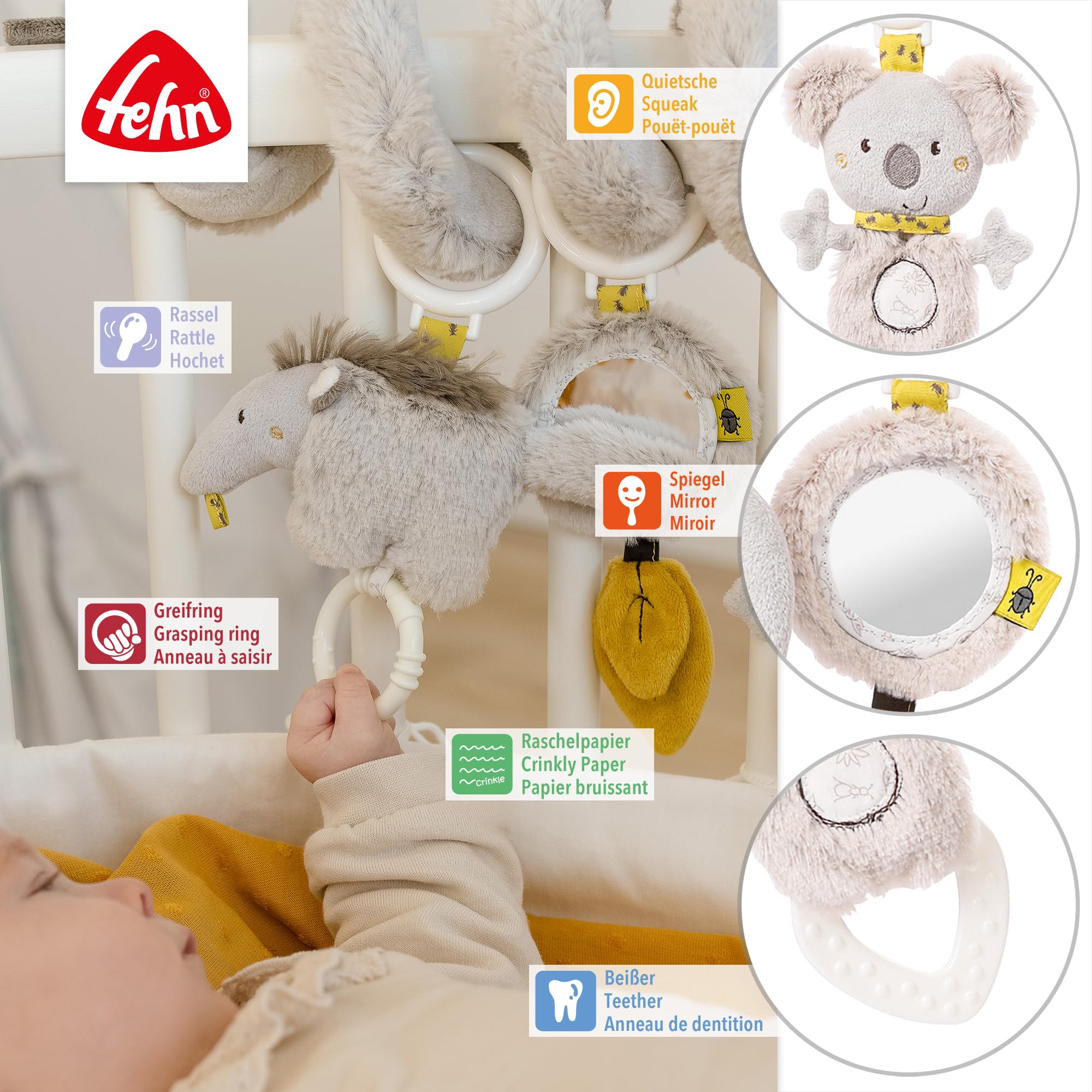 Fehn Activity Spirale Australia - Kinderwagen Spielzeug zum FĂĽhlen und Greifen - Babyspielzeug fĂĽr Bett, Laufstall