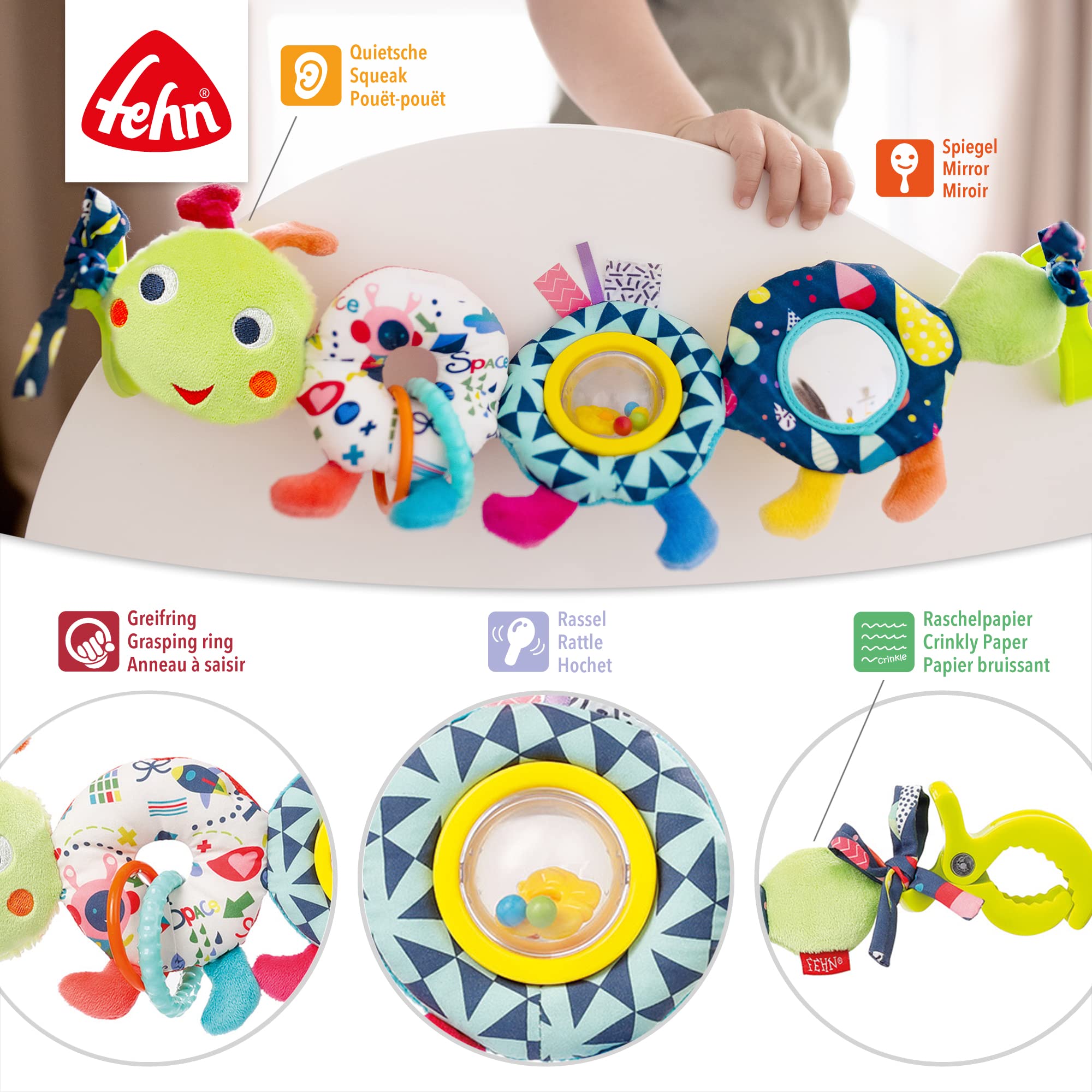 Fehn Kinderwagenkette Baby Mobile Raupe COLOR Friends – Babymobile Kette mit süßer Raupen Figur