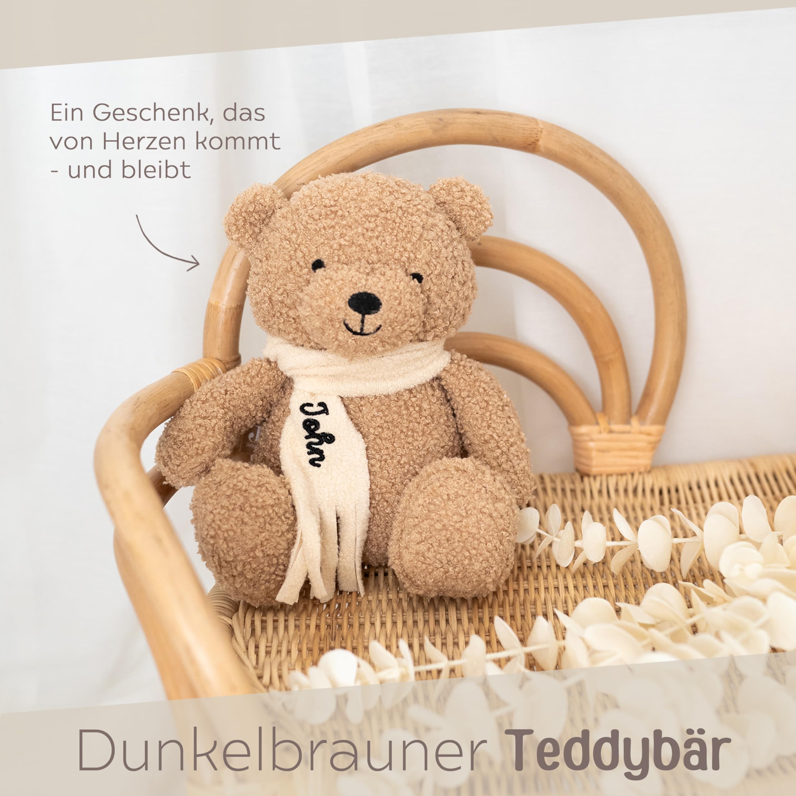 wunderwunsch Jollein Kuscheltier Boucle Teddybär personalisiert, Teddy auf Wunsch mit Schal und Namen