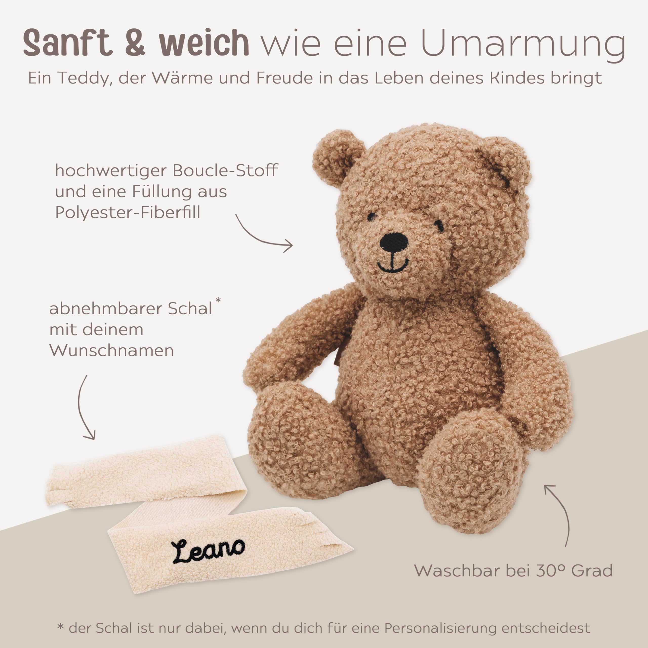 wunderwunsch Jollein Kuscheltier Boucle Teddybär personalisiert, Teddy auf Wunsch mit Schal und Namen