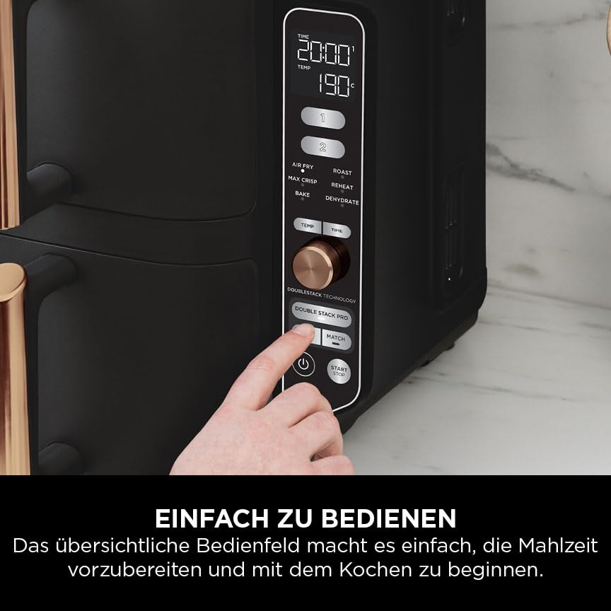 Ninja Double Stack XL Airfryer 9,5L, 2 vertikale Schubladen, 6 Funktionen, 4 Kochstufen, platzsparend, 8 Portionen, Zange, Schwarz/Kupfer