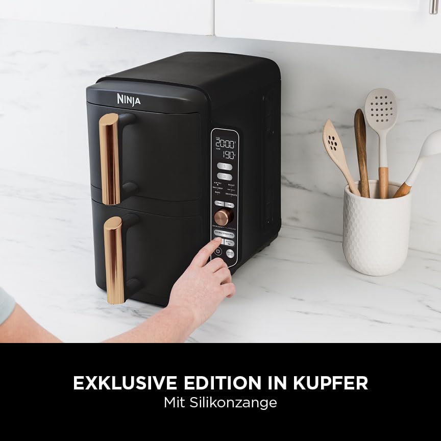 Ninja Double Stack XL Airfryer 9,5L, 2 vertikale Schubladen, 6 Funktionen, 4 Kochstufen, platzsparend, 8 Portionen, Zange, Schwarz/Kupfer