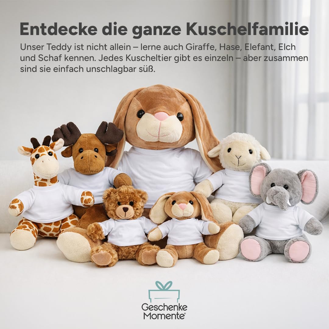 Kuscheltier Teddybär personalisiert – Flauschiges Plüschtier mit weißem T-Shirt zum Bedrucken – Weicher Teddybär