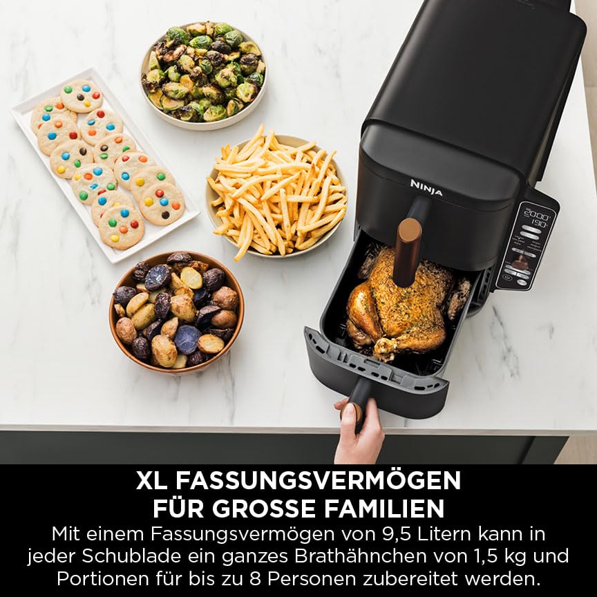 Ninja Double Stack XL Airfryer 9,5L, 2 vertikale Schubladen, 6 Funktionen, 4 Kochstufen, platzsparend, 8 Portionen, Zange, Schwarz/Kupfer