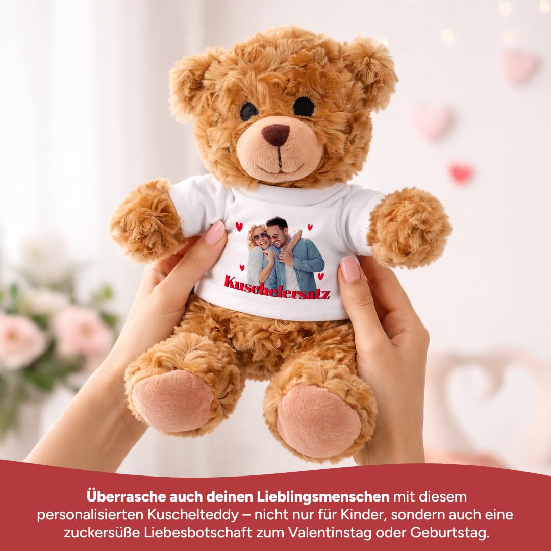 Kuscheltier Teddybär personalisiert – Flauschiges Plüschtier mit weißem T-Shirt zum Bedrucken – Weicher Teddybär