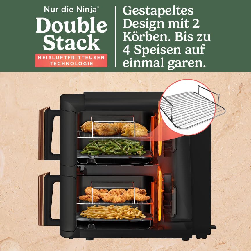 Ninja Double Stack XL Airfryer 9,5L, 2 vertikale Schubladen, 6 Funktionen, 4 Kochstufen, platzsparend, 8 Portionen, Zange, Schwarz/Kupfer