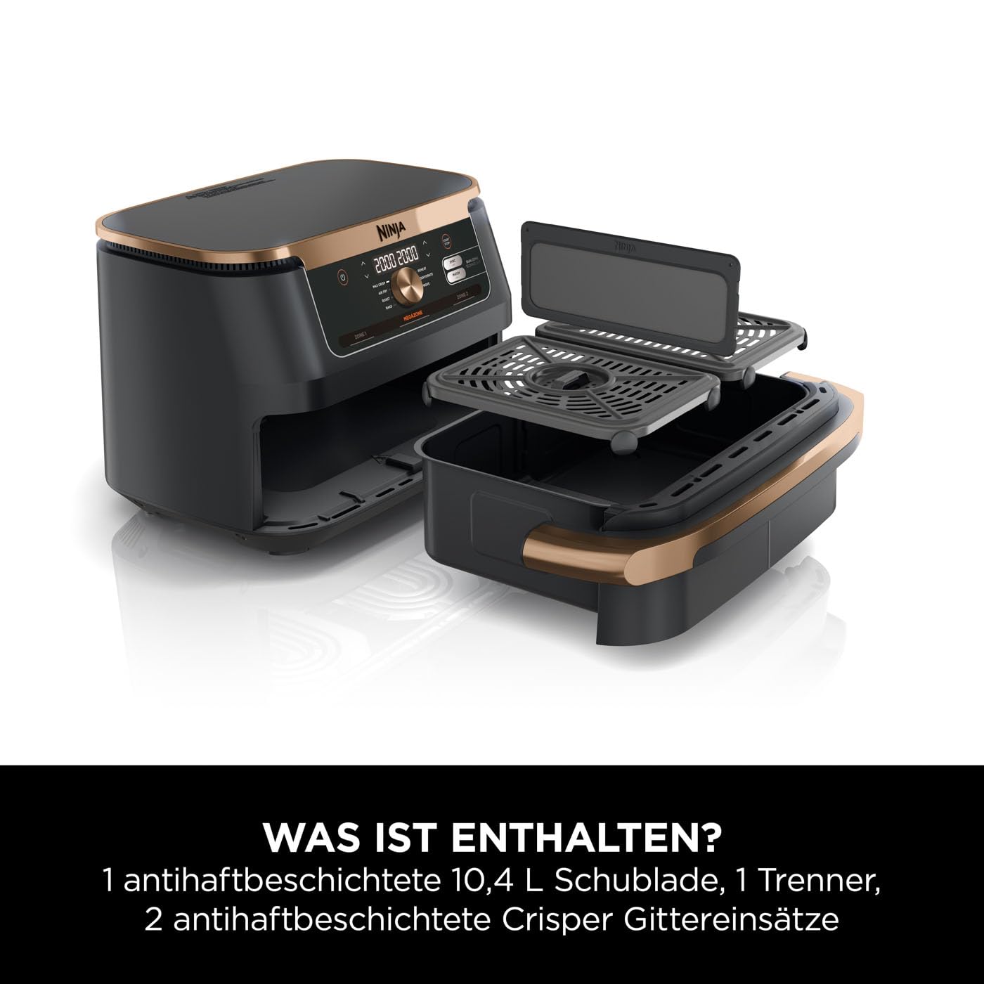Ninja Foodi FlexDrawer Dual Zone Airfryer 10,4L, herausnehmbarer Trenner, 7-in-1 Funktionen, Antihaft, spülmaschinenfest, Schwarz/Kupfer
