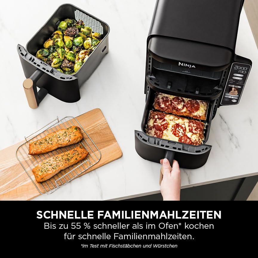 Ninja Double Stack XL Airfryer 9,5L, 2 vertikale Schubladen, 6 Funktionen, 4 Kochstufen, platzsparend, 8 Portionen, Zange, Schwarz/Kupfer