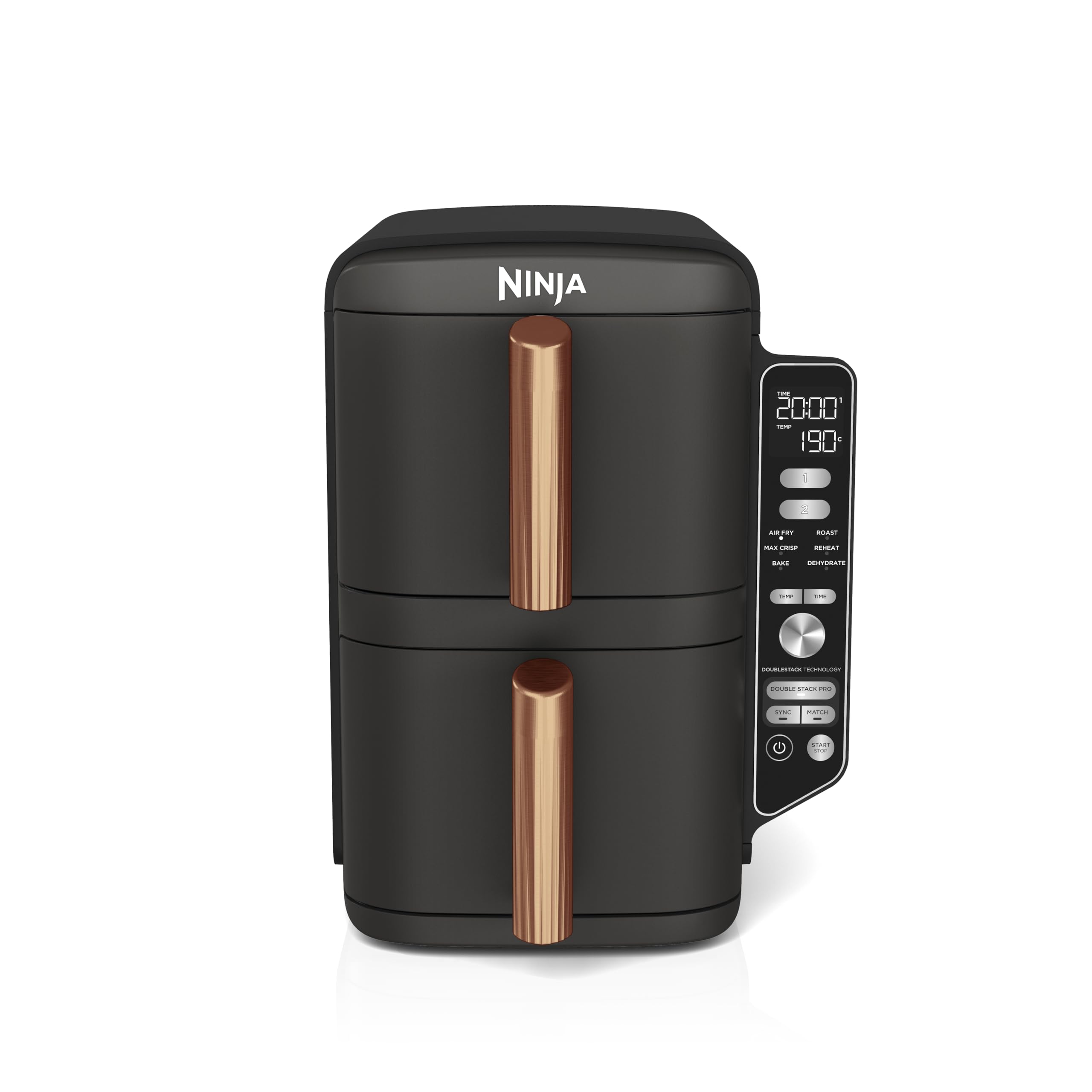 Ninja Double Stack XL Airfryer 9,5L, 2 vertikale Schubladen, 6 Funktionen, 4 Kochstufen, platzsparend, 8 Portionen, Zange, Schwarz/Kupfer