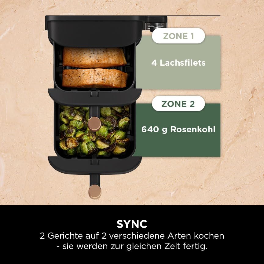 Ninja Double Stack XL Airfryer 9,5L, 2 vertikale Schubladen, 6 Funktionen, 4 Kochstufen, platzsparend, 8 Portionen, Zange, Schwarz/Kupfer