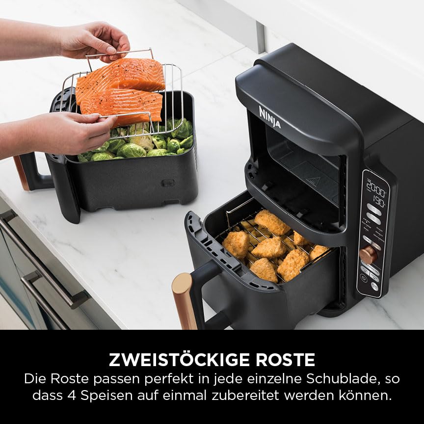 Ninja Double Stack XL Airfryer 9,5L, 2 vertikale Schubladen, 6 Funktionen, 4 Kochstufen, platzsparend, 8 Portionen, Zange, Schwarz/Kupfer