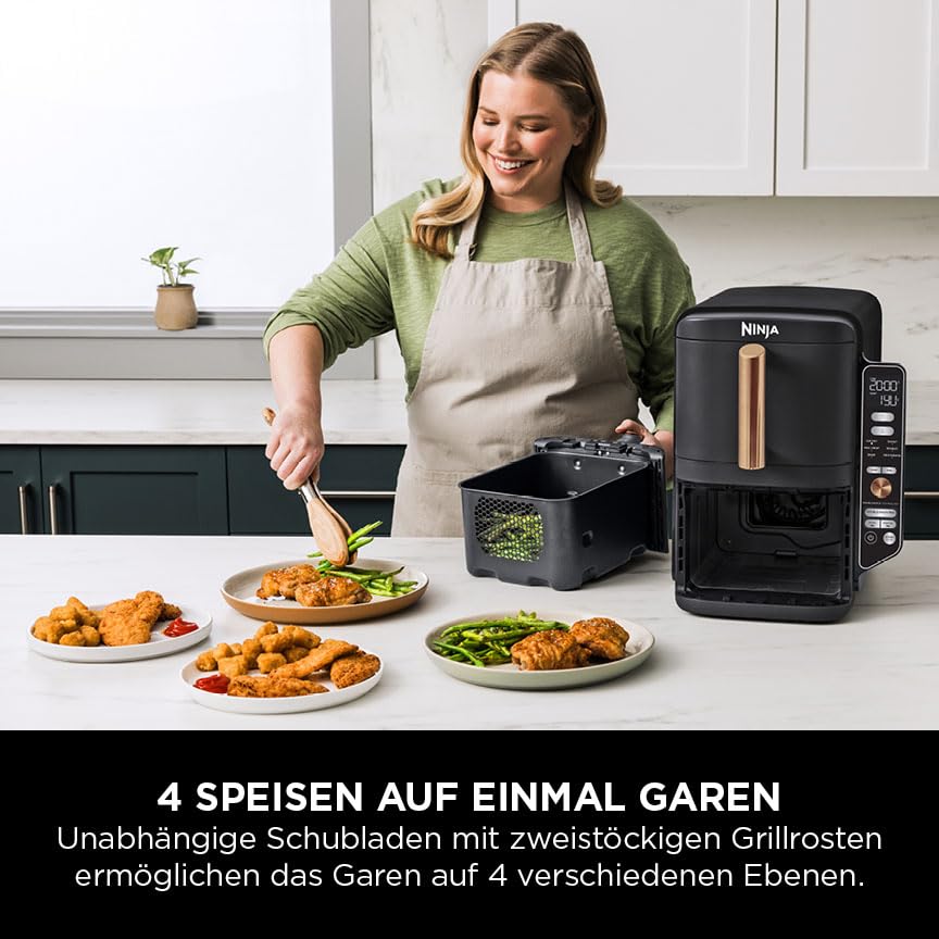Ninja Double Stack XL Airfryer 9,5L, 2 vertikale Schubladen, 6 Funktionen, 4 Kochstufen, platzsparend, 8 Portionen, Zange, Schwarz/Kupfer