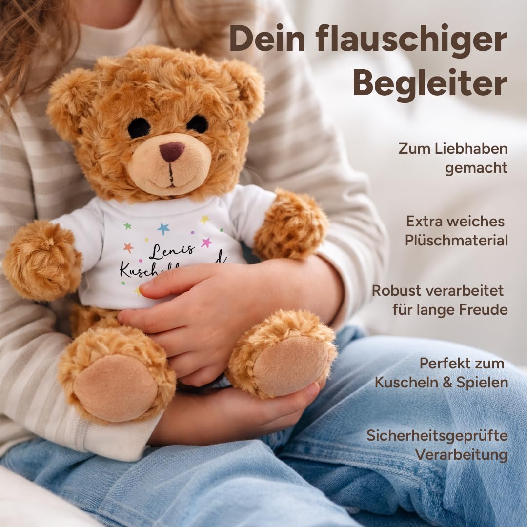 Kuscheltier Teddybär personalisiert – Flauschiges Plüschtier mit weißem T-Shirt zum Bedrucken – Weicher Teddybär