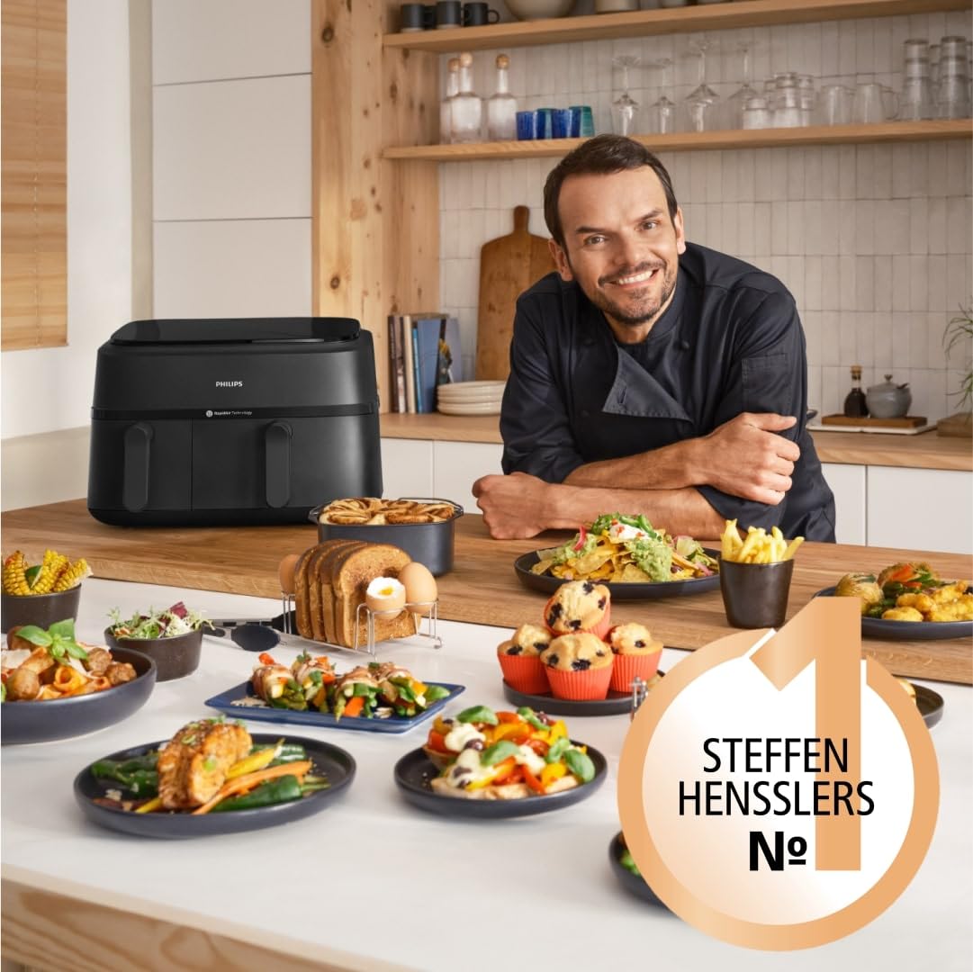 Philips Dual Basket Airfryer 3000 Serie 9L, 2 Schubladen mit Synch-Funktion, Rapid Air Technologie, Frühstücks-Set, Energiesparend, HomeID