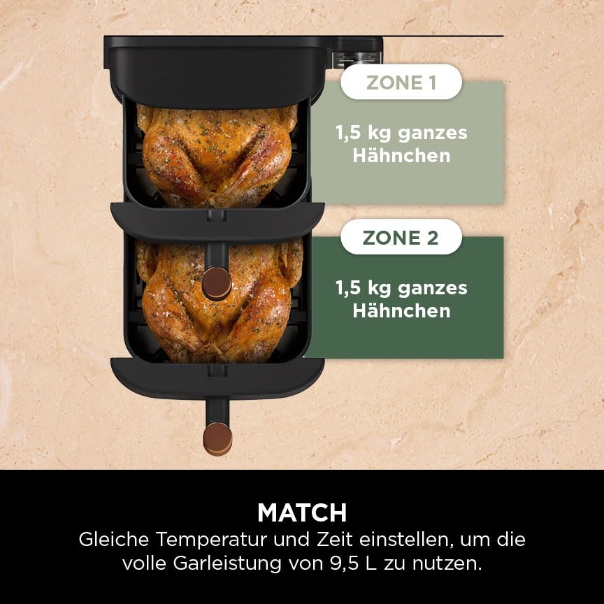 Ninja Double Stack XL Airfryer 9,5L, 2 vertikale Schubladen, 6 Funktionen, 4 Kochstufen, platzsparend, 8 Portionen, Zange, Schwarz/Kupfer