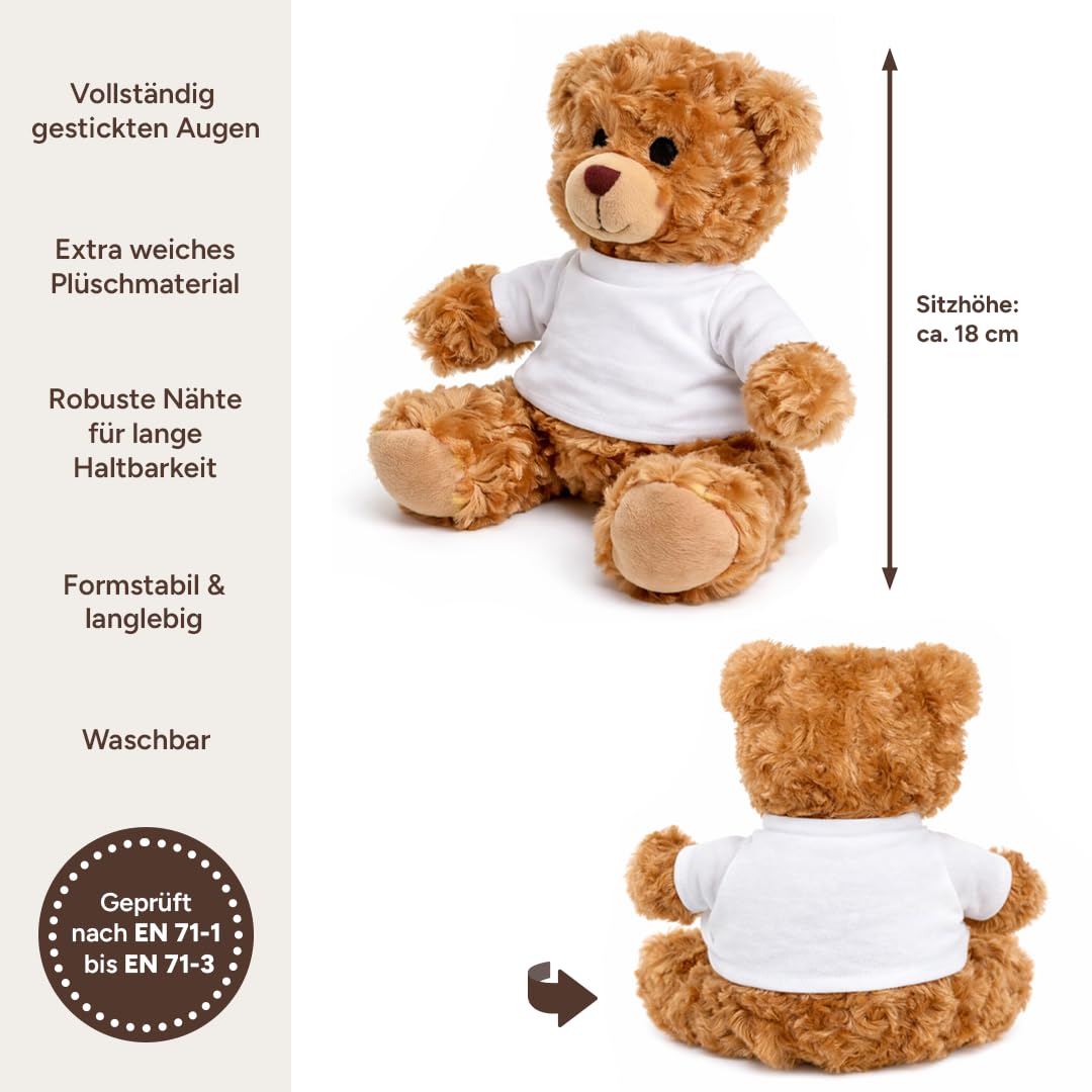 Kuscheltier Teddybär personalisiert – Flauschiges Plüschtier mit weißem T-Shirt zum Bedrucken – Weicher Teddybär