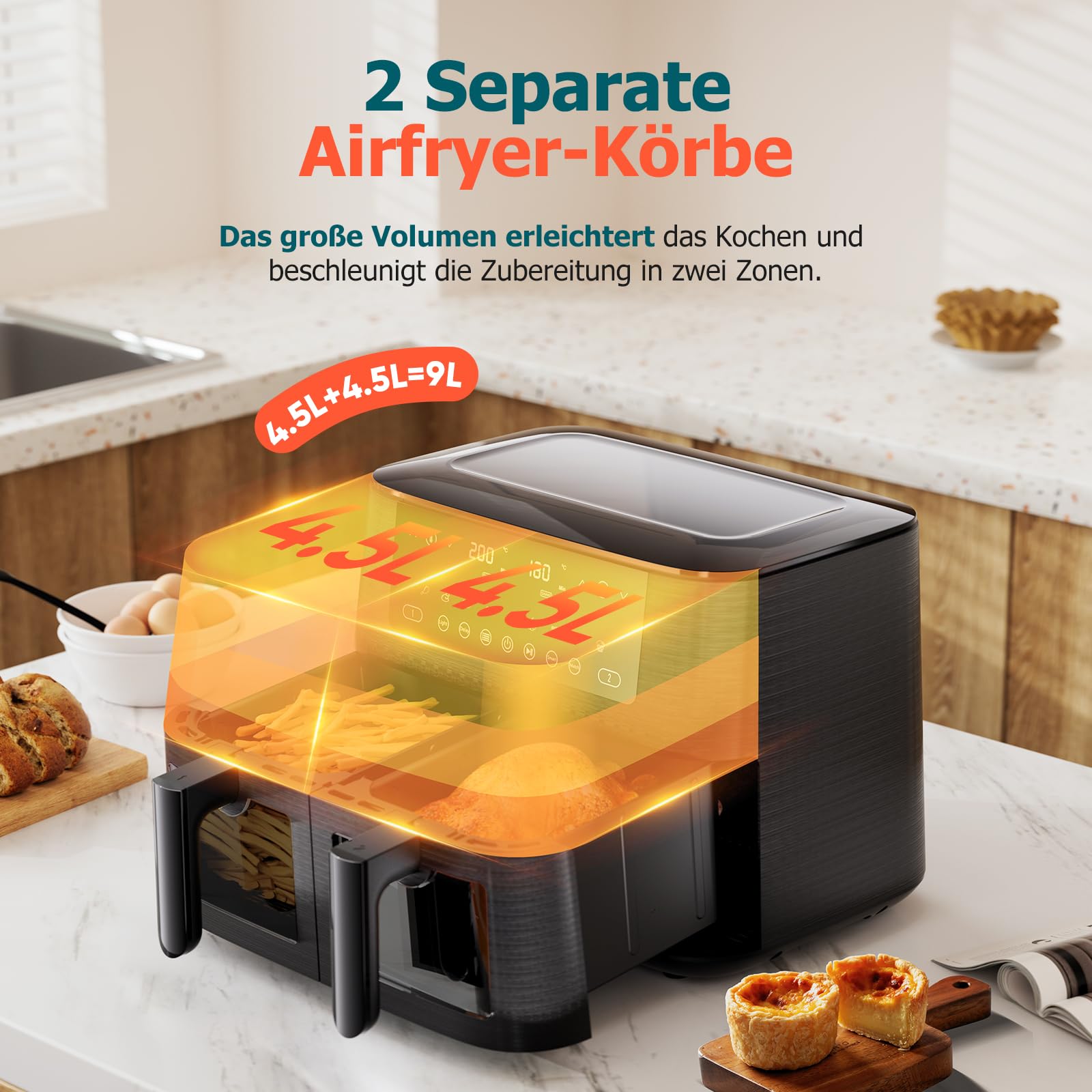 Heißluftfritteuse 9L Dual Zone Airfryer, 2 Kammern mit Sichtfenster, 9-in-1 Programme, Touchscreen, spülmaschinenfeste Antihaft-Körbe