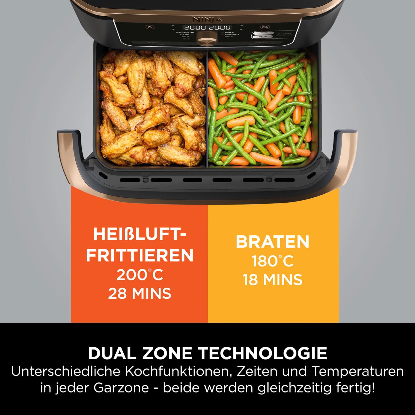 Ninja Foodi FlexDrawer Dual Zone Airfryer 10,4L, herausnehmbarer Trenner, 7-in-1 Funktionen, Antihaft, spülmaschinenfest, Schwarz/Kupfer