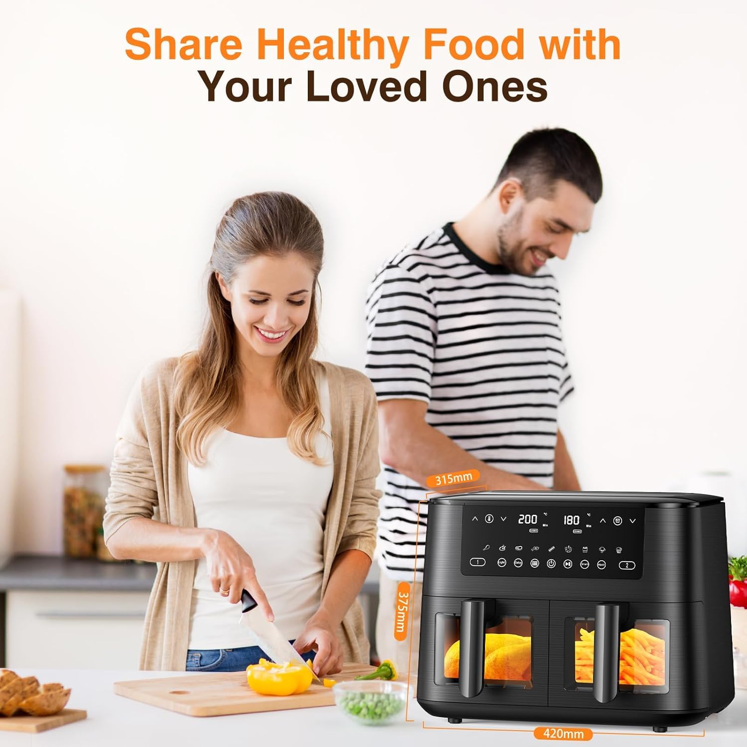Heißluftfritteuse 9L Dual Zone Airfryer, 2 Kammern mit Sichtfenster, 9-in-1 Programme, Touchscreen, spülmaschinenfeste Antihaft-Körbe