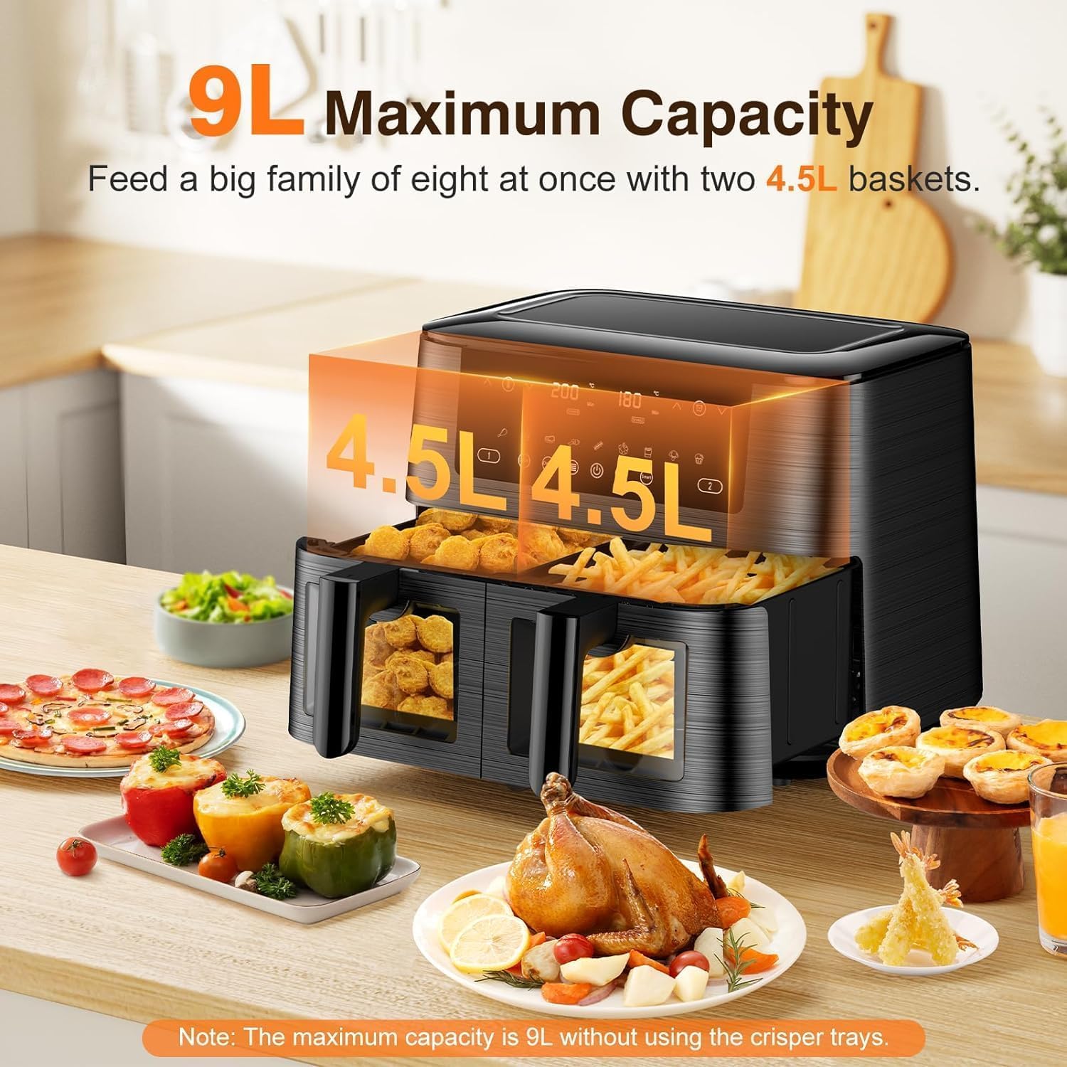 Heißluftfritteuse 9L Dual Zone Airfryer, 2 Kammern mit Sichtfenster, 9-in-1 Programme, Touchscreen, spülmaschinenfeste Antihaft-Körbe