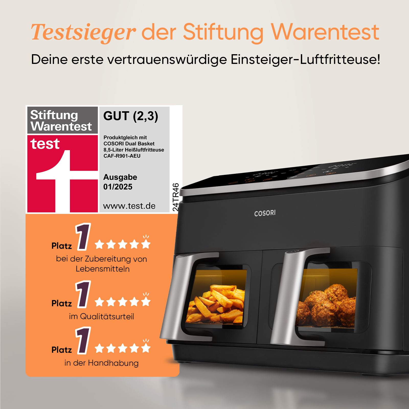 COSORI Airfryer 8,5L Testsieger Stiftung Warentest, 2 Kammern, Sichtfenster, Metall-Innenraum, weniger Kunststoffkontakt, gesund frittieren