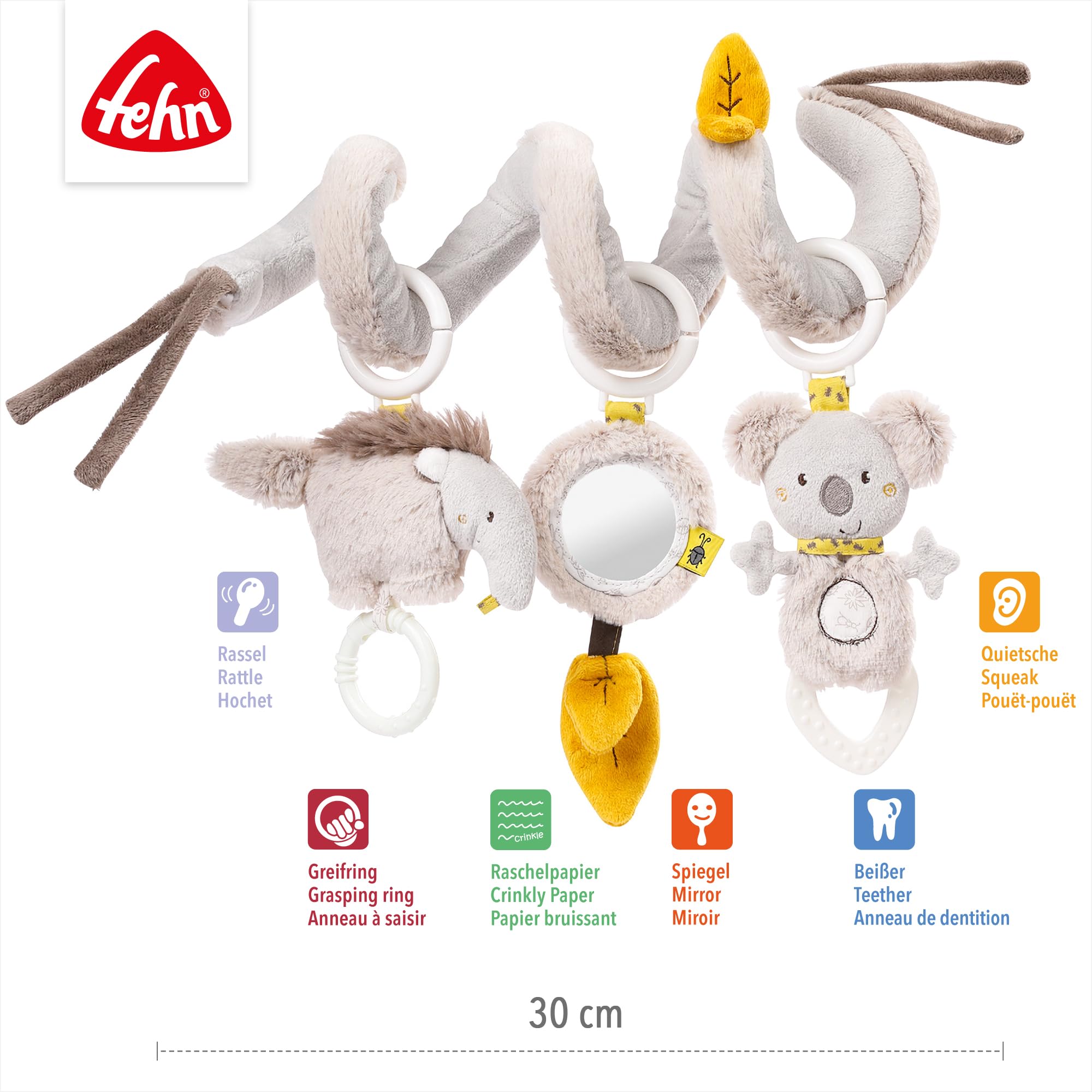 Fehn Activity Spirale Australia - Kinderwagen Spielzeug zum Fühlen und Greifen - Babyspielzeug für Bett, Laufstall