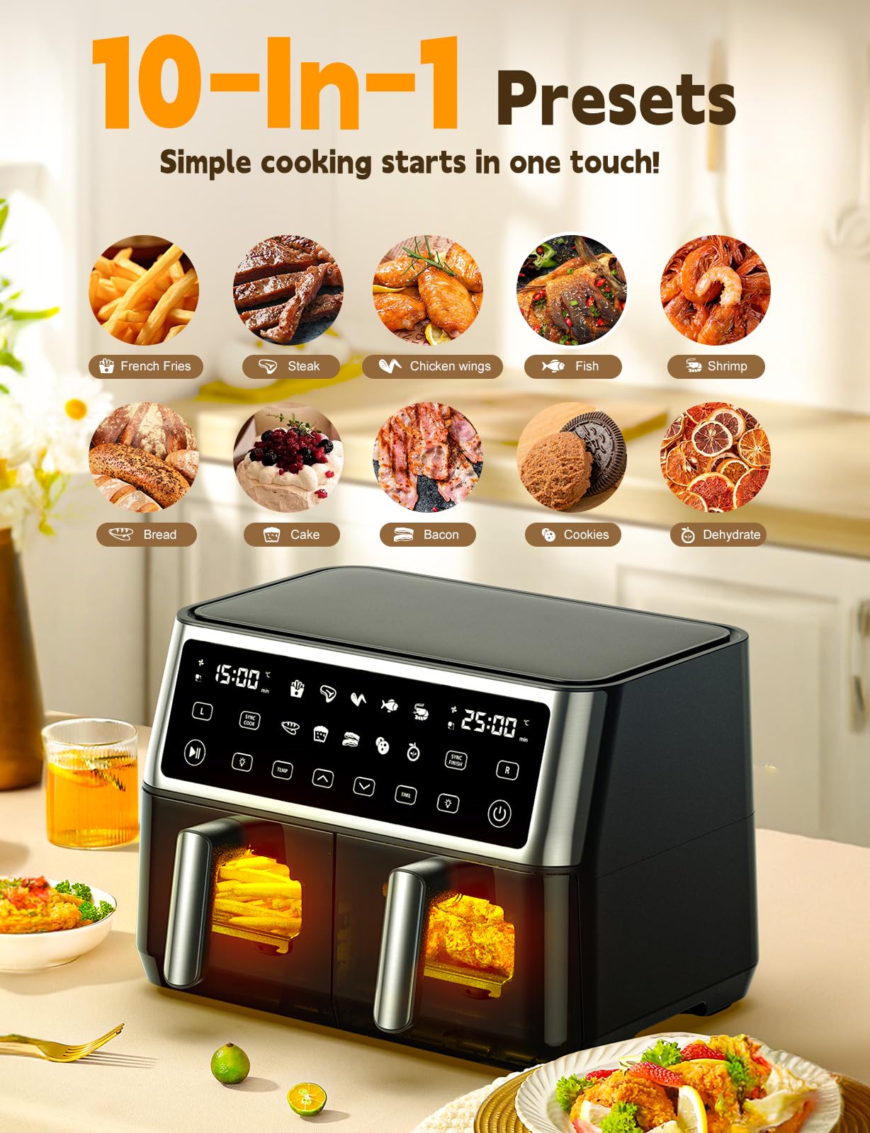 XXL Heißluftfritteuse 10L Dual Zone Airfryer, 2 Kammern mit Sichtfenster, 10-in-1 Programme, Touchscreen, Timer, energieeffizient, fettarm