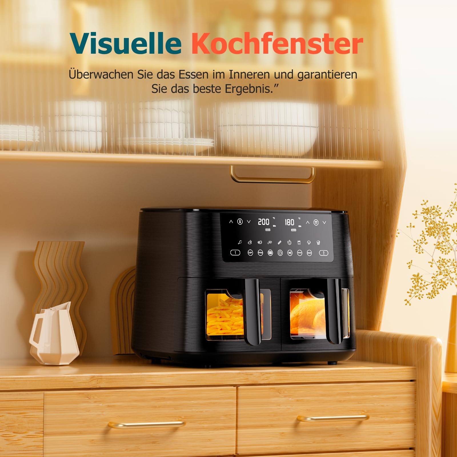 Heißluftfritteuse 9L Dual Zone Airfryer, 2 Kammern mit Sichtfenster, 9-in-1 Programme, Touchscreen, spülmaschinenfeste Antihaft-Körbe