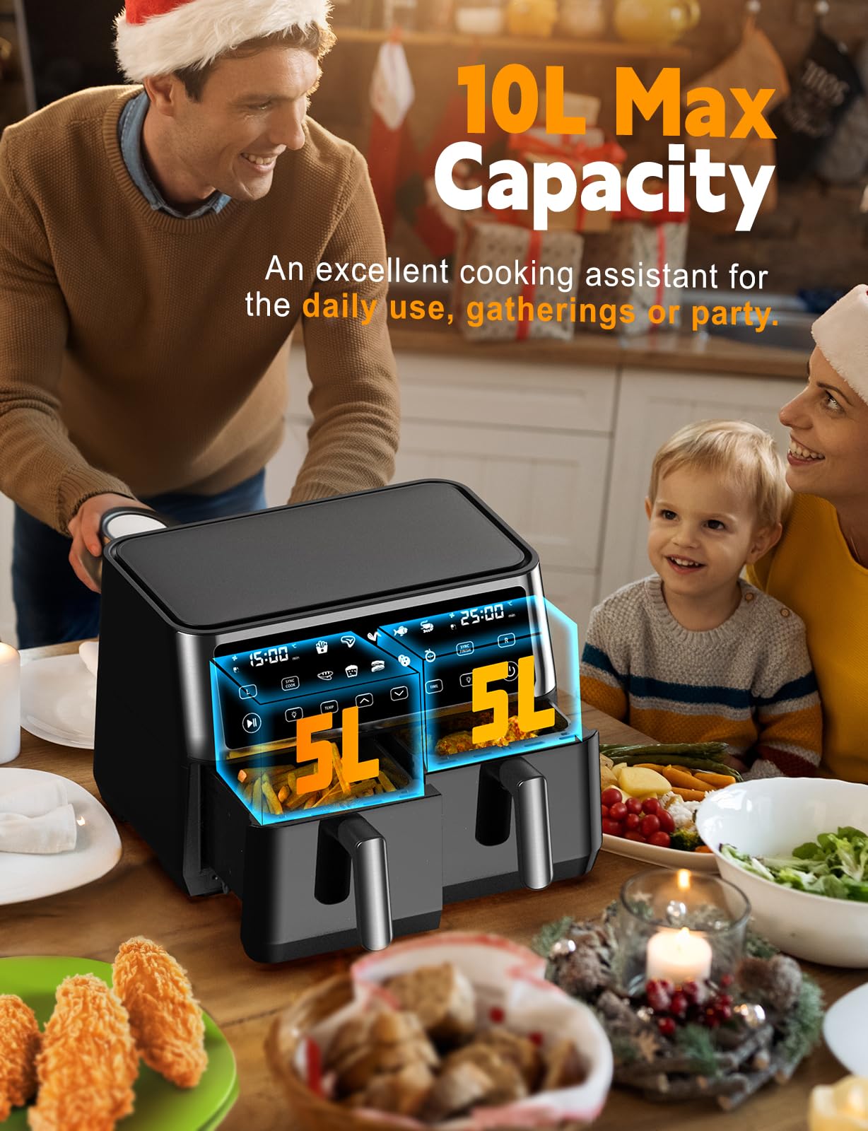 XXL Heißluftfritteuse 10L Dual Zone Airfryer, 2 Kammern mit Sichtfenster, 10-in-1 Programme, Touchscreen, Timer, energieeffizient, fettarm