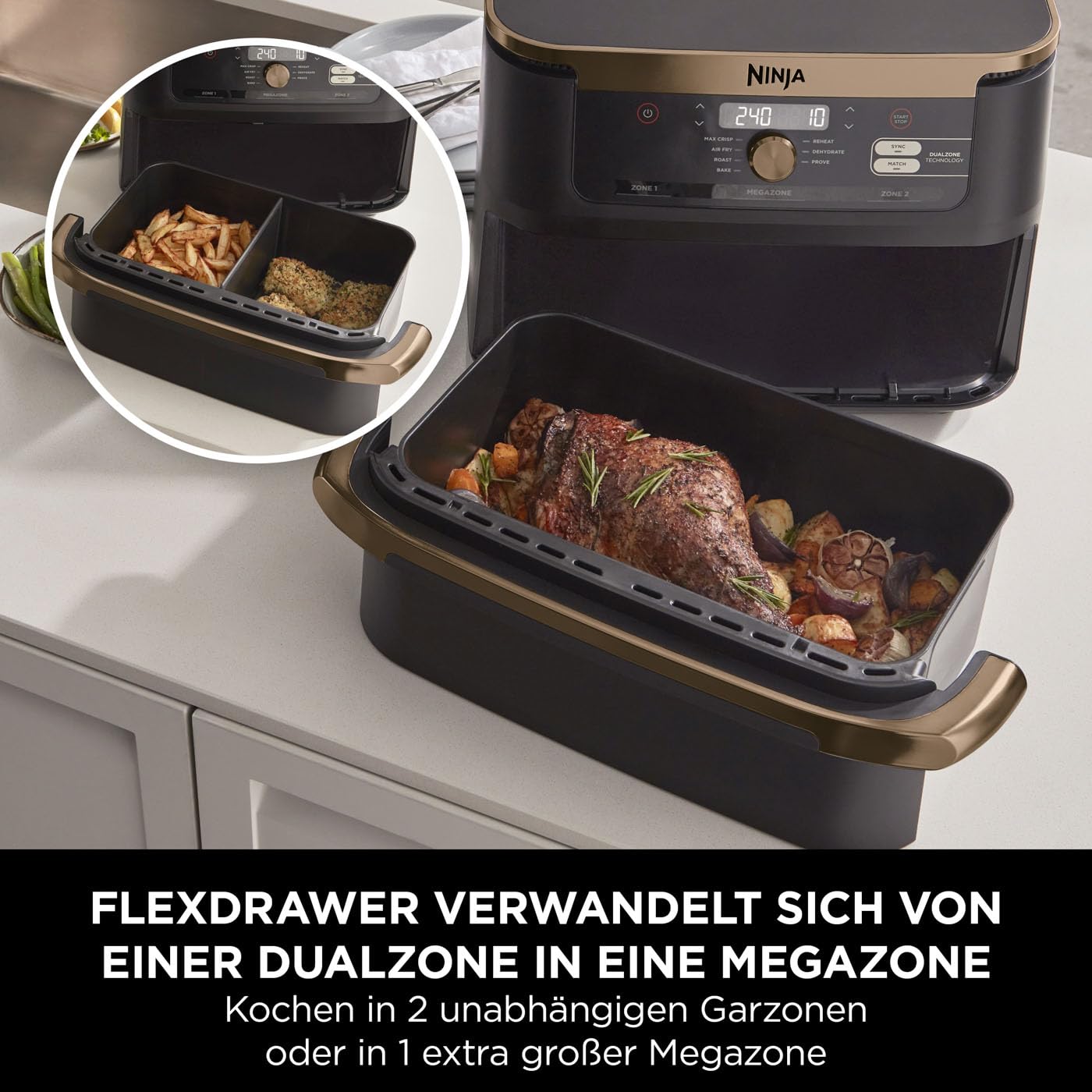 Ninja Foodi FlexDrawer Dual Zone Airfryer 10,4L, herausnehmbarer Trenner, 7-in-1 Funktionen, Antihaft, spülmaschinenfest, Schwarz/Kupfer