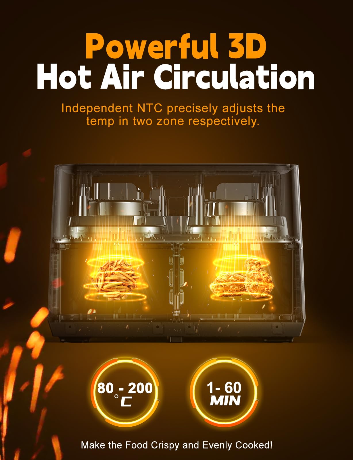 XXL Heißluftfritteuse 10L Dual Zone Airfryer, 2 Kammern mit Sichtfenster, 10-in-1 Programme, Touchscreen, Timer, energieeffizient, fettarm