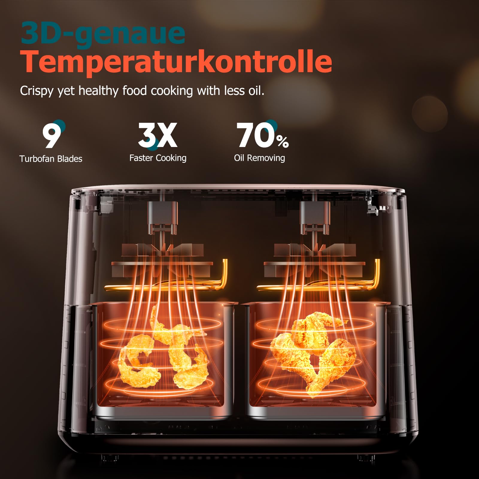 Heißluftfritteuse 9L Dual Zone Airfryer, 2 Kammern mit Sichtfenster, 9-in-1 Programme, Touchscreen, spülmaschinenfeste Antihaft-Körbe