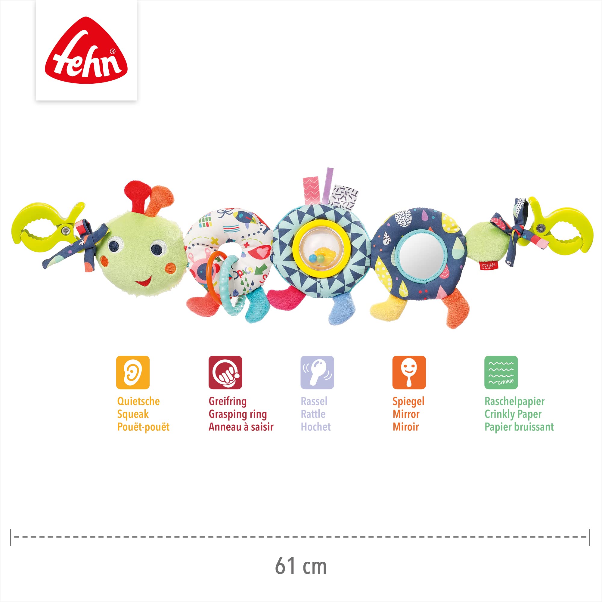 Fehn Kinderwagenkette Baby Mobile Raupe COLOR Friends – Babymobile Kette mit süßer Raupen Figur