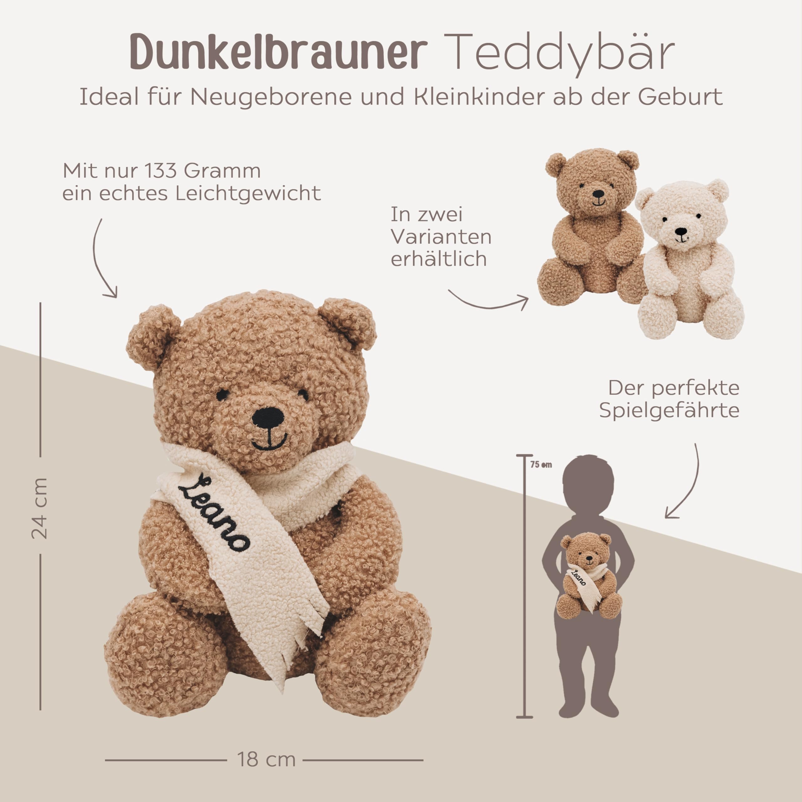wunderwunsch Jollein Kuscheltier Boucle Teddybär personalisiert, Teddy auf Wunsch mit Schal und Namen