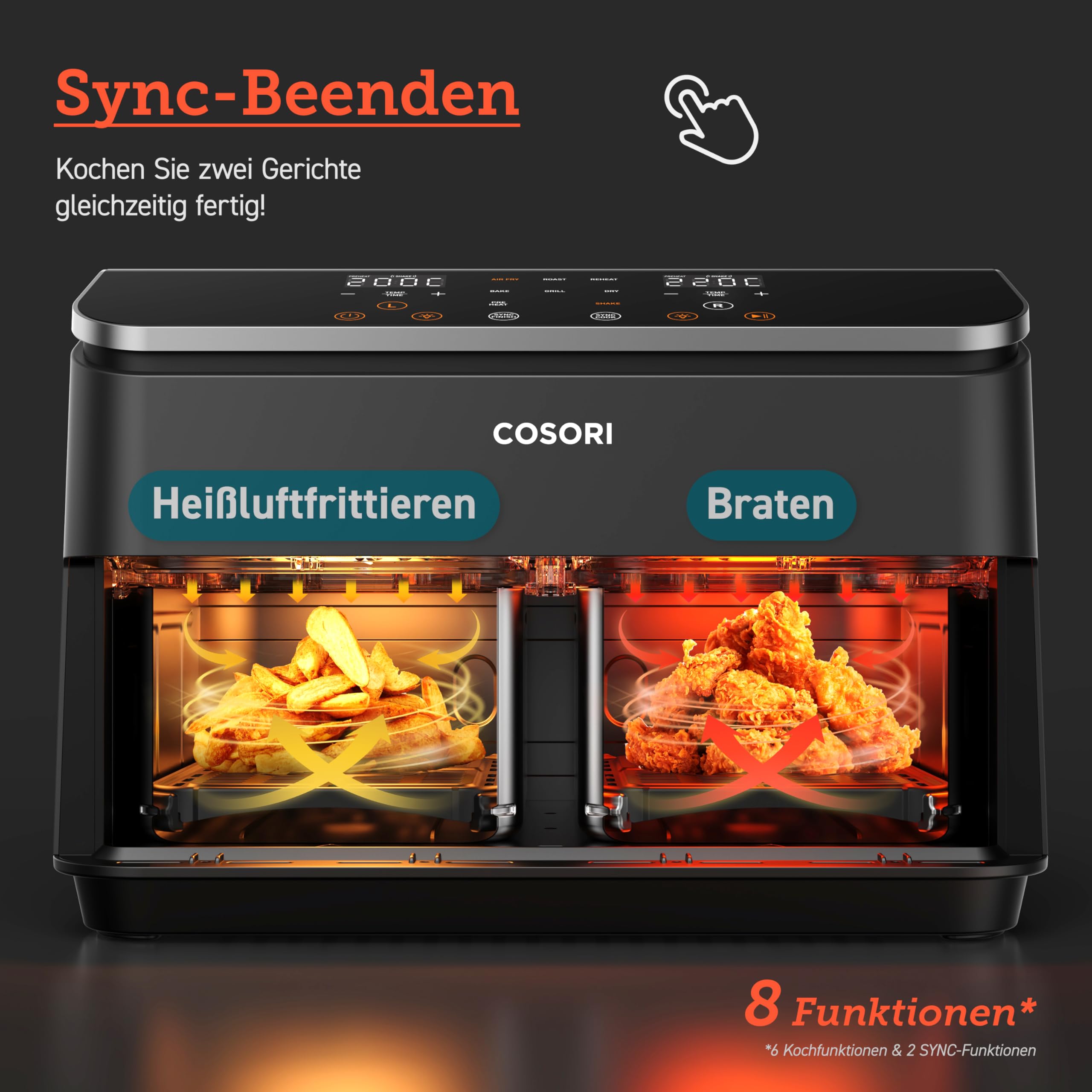 COSORI Airfryer 8,5L Testsieger Stiftung Warentest, 2 Kammern, Sichtfenster, Metall-Innenraum, weniger Kunststoffkontakt, gesund frittieren