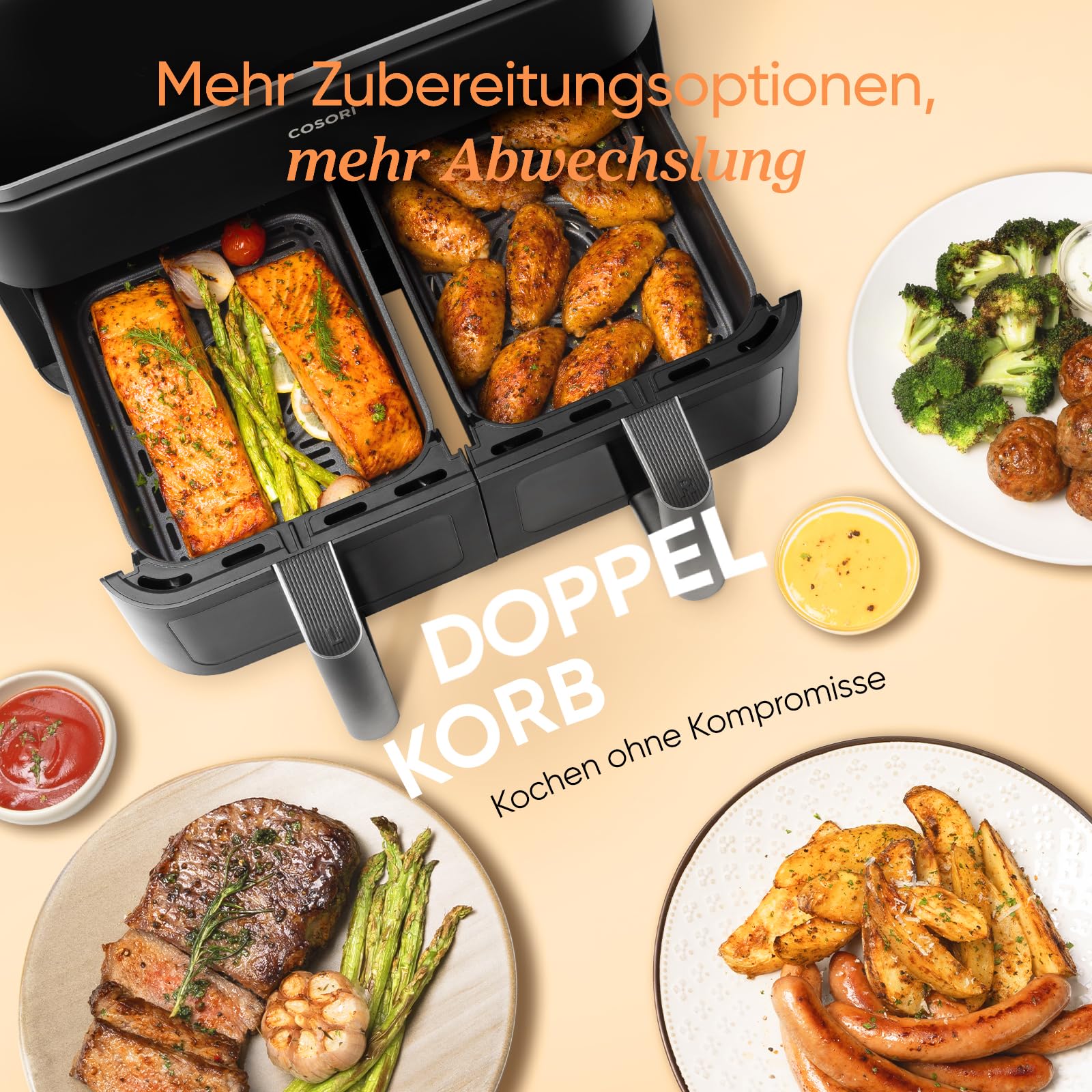 COSORI Airfryer 8,5L Testsieger Stiftung Warentest, 2 Kammern, Sichtfenster, Metall-Innenraum, weniger Kunststoffkontakt, gesund frittieren