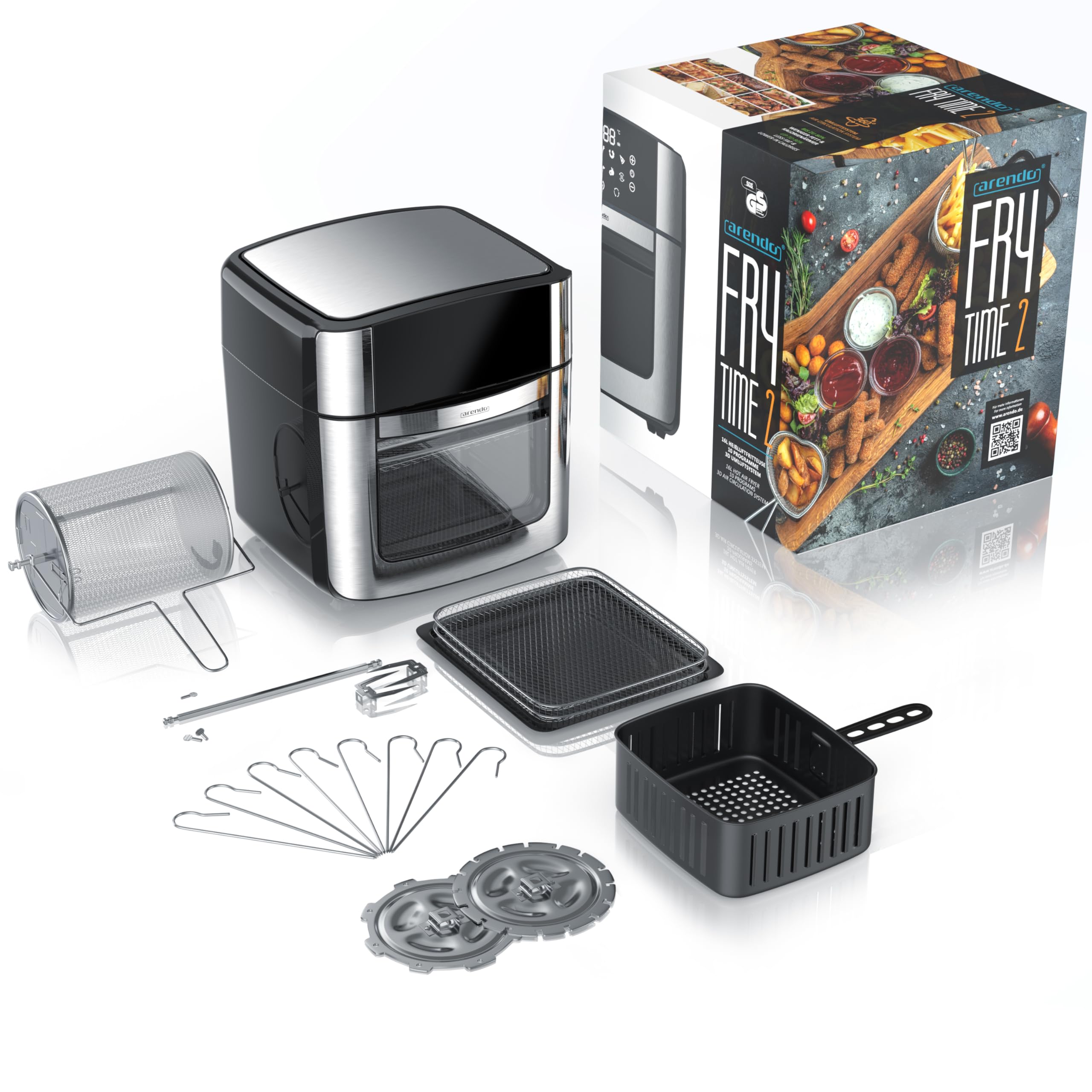 Arendo XXL Heißluftfritteuse 16L Airfryer mit Grill, Dörrfunktion, Backofen, Touchscreen, Easy&Clean, Pizza Hähnchen Pommes, BPA-frei