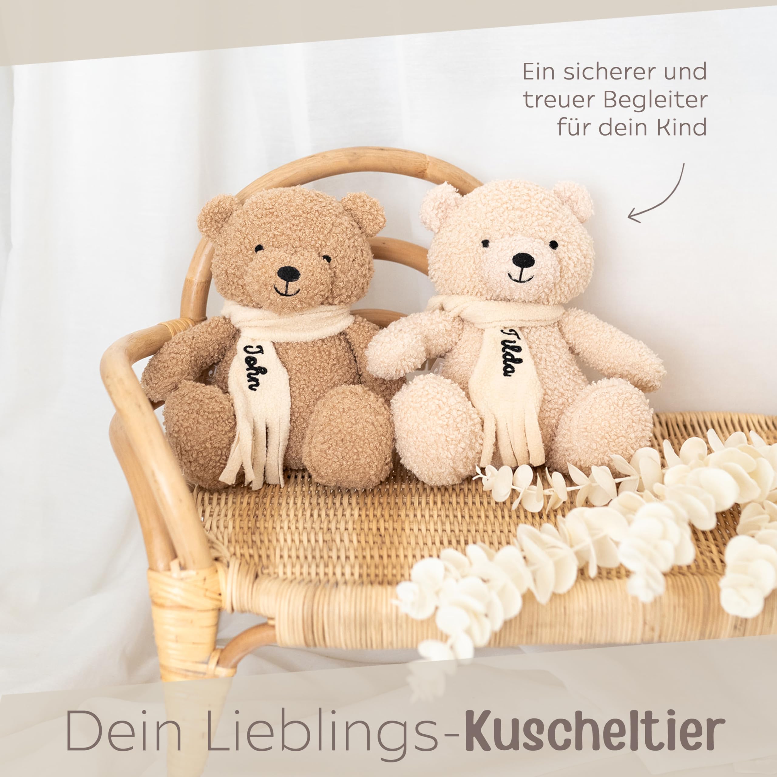 wunderwunsch Jollein Kuscheltier Boucle Teddybär personalisiert, Teddy auf Wunsch mit Schal und Namen