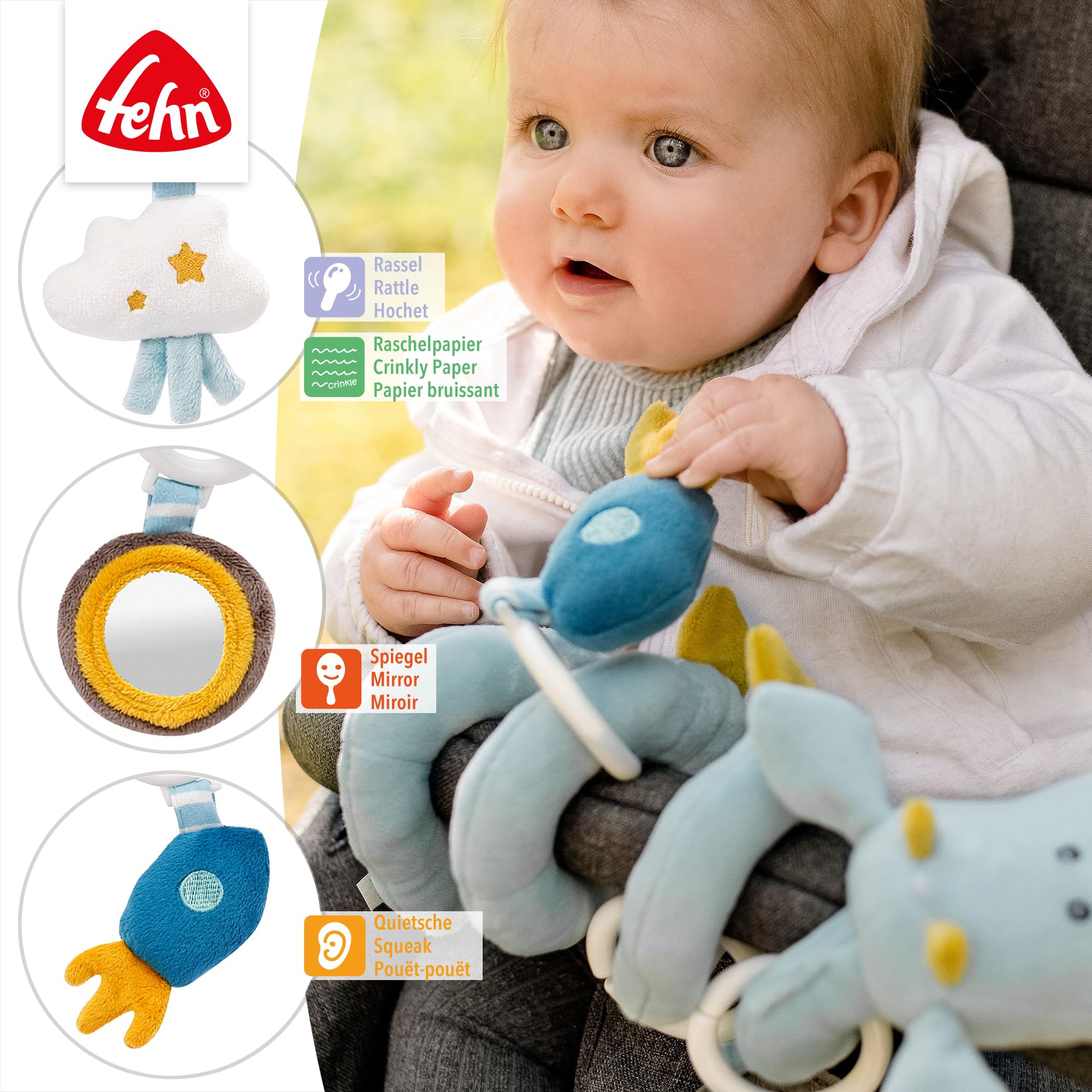 Fehn Activity Spirale Drache - Kinderwagen Spielzeug zum Fühlen und Greifen - Babyspielzeug für Bett