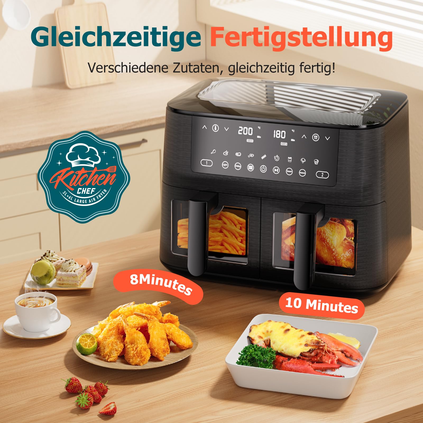 Heißluftfritteuse 9L Dual Zone Airfryer, 2 Kammern mit Sichtfenster, 9-in-1 Programme, Touchscreen, spülmaschinenfeste Antihaft-Körbe