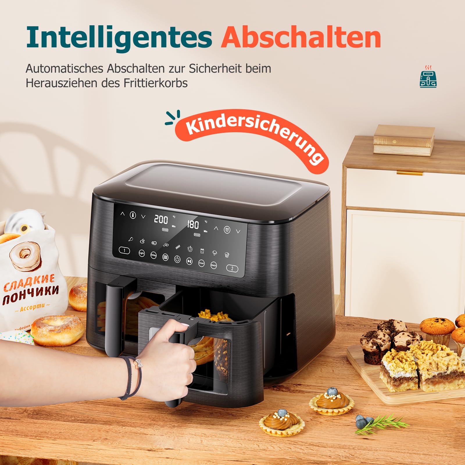 Heißluftfritteuse 9L Dual Zone Airfryer, 2 Kammern mit Sichtfenster, 9-in-1 Programme, Touchscreen, spülmaschinenfeste Antihaft-Körbe