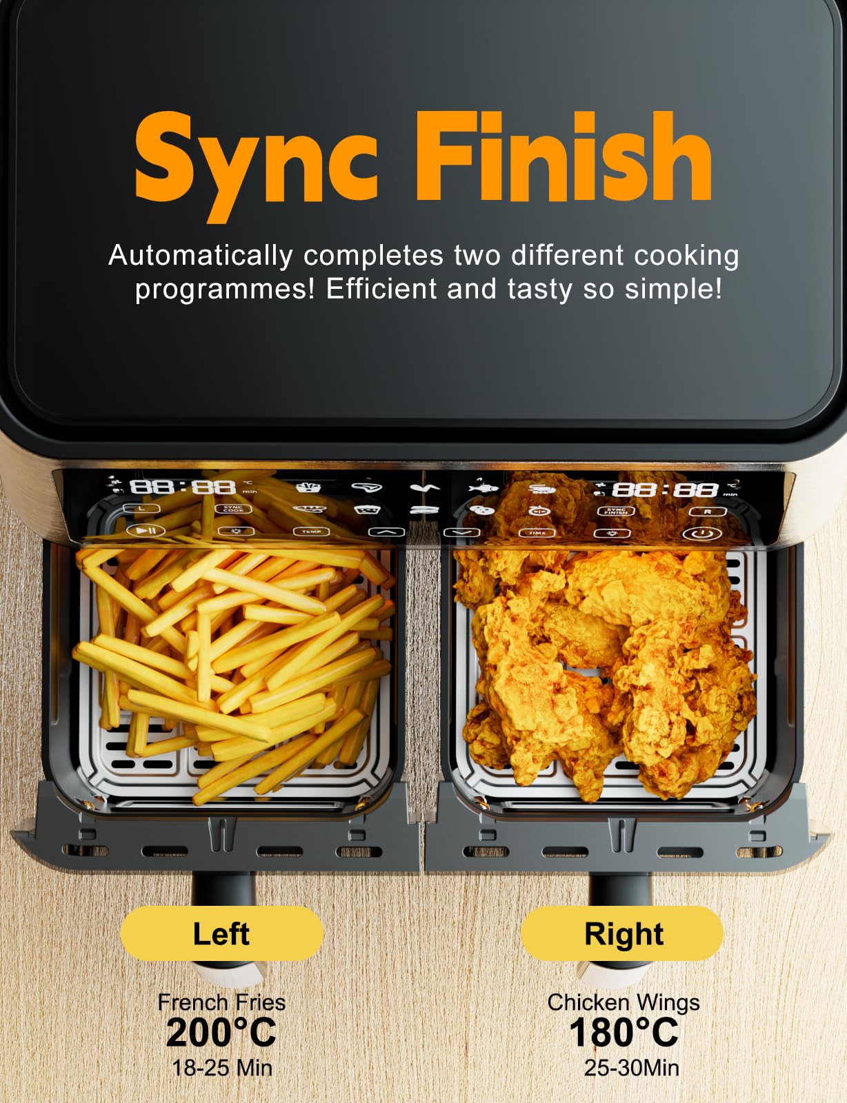 XXL Heißluftfritteuse 10L Dual Zone Airfryer, 2 Kammern mit Sichtfenster, 10-in-1 Programme, Touchscreen, Timer, energieeffizient, fettarm