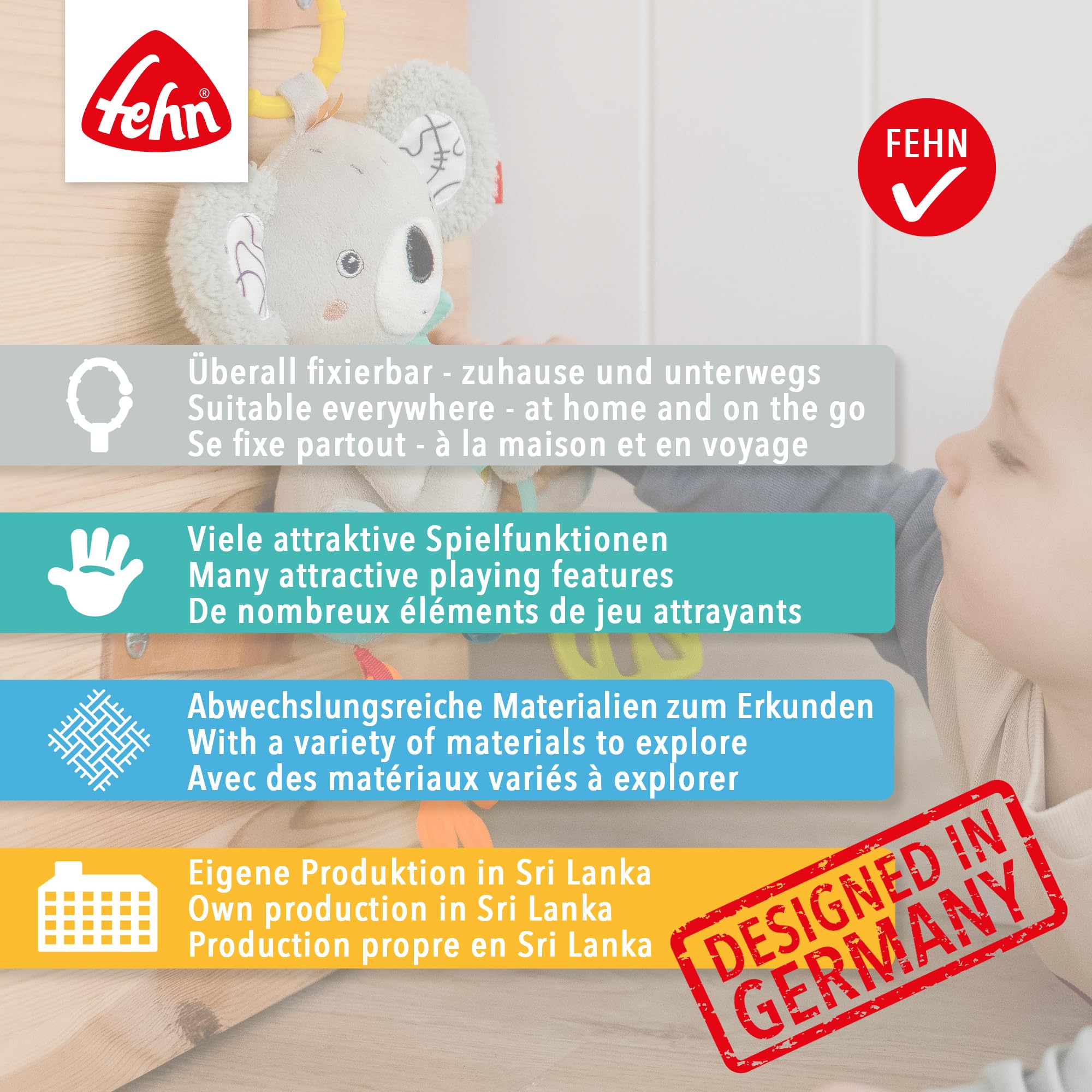 Fehn Activity Spirale Australia - Kinderwagen Spielzeug zum Fühlen und Greifen - Babyspielzeug für Bett, Laufstall