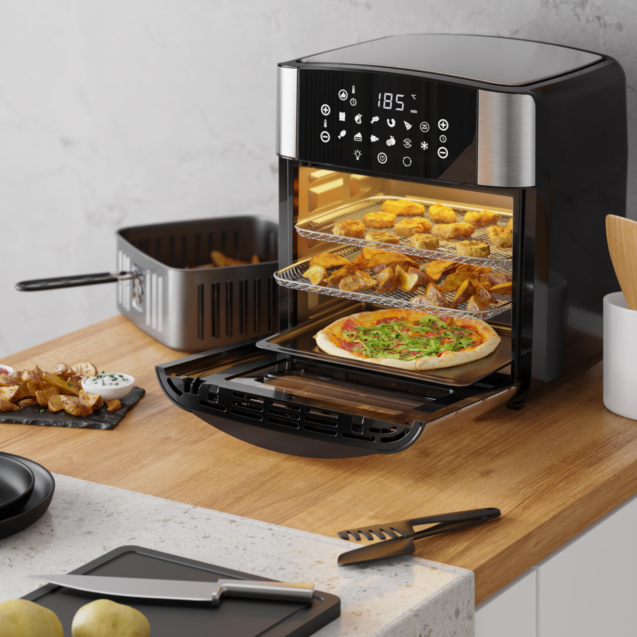 Arendo XXL Heißluftfritteuse 16L Airfryer mit Grill, Dörrfunktion, Backofen, Touchscreen, Easy&Clean, Pizza Hähnchen Pommes, BPA-frei