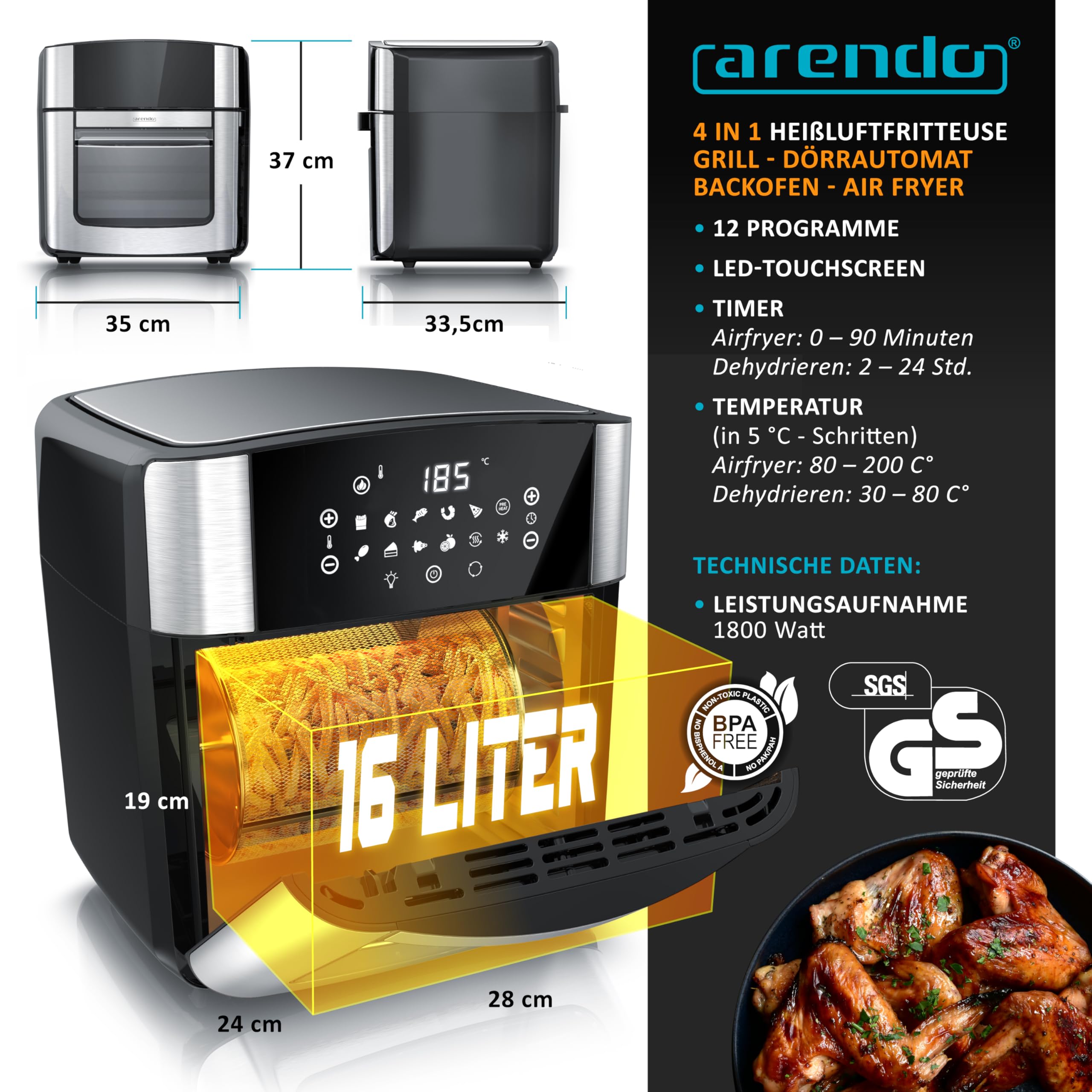 Arendo XXL Heißluftfritteuse 16L Airfryer mit Grill, Dörrfunktion, Backofen, Touchscreen, Easy&Clean, Pizza Hähnchen Pommes, BPA-frei