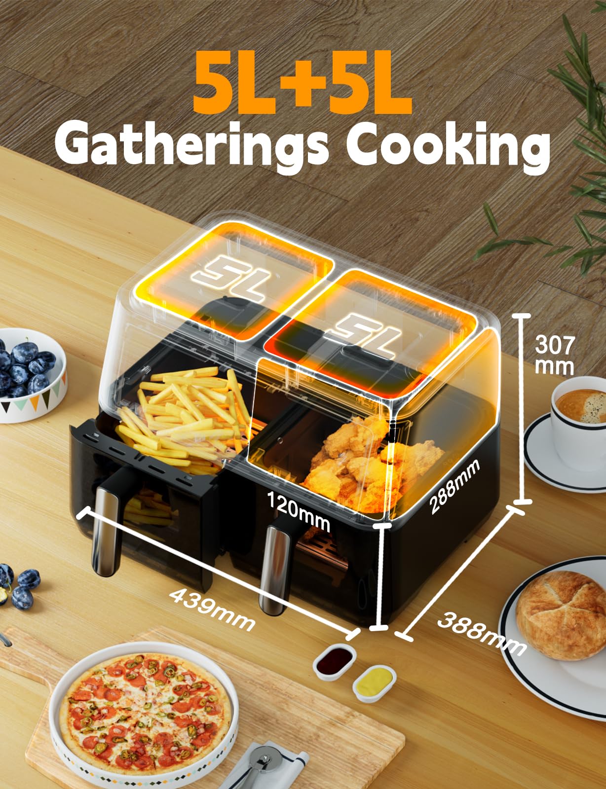 XXL Heißluftfritteuse 10L Dual Zone Airfryer, 2 Kammern mit Sichtfenster, 10-in-1 Programme, Touchscreen, Timer, energieeffizient, fettarm